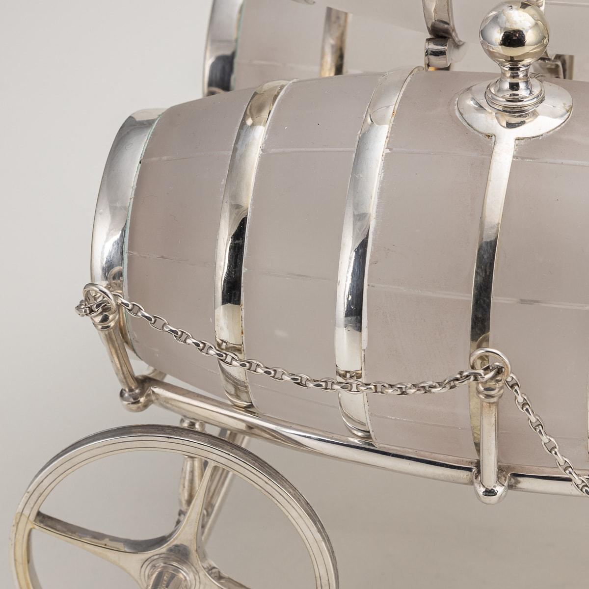 19th Century Victorian Frosted Glass & Silver Plated Spirit Barrel Cart, c.1880 For Sale 3
