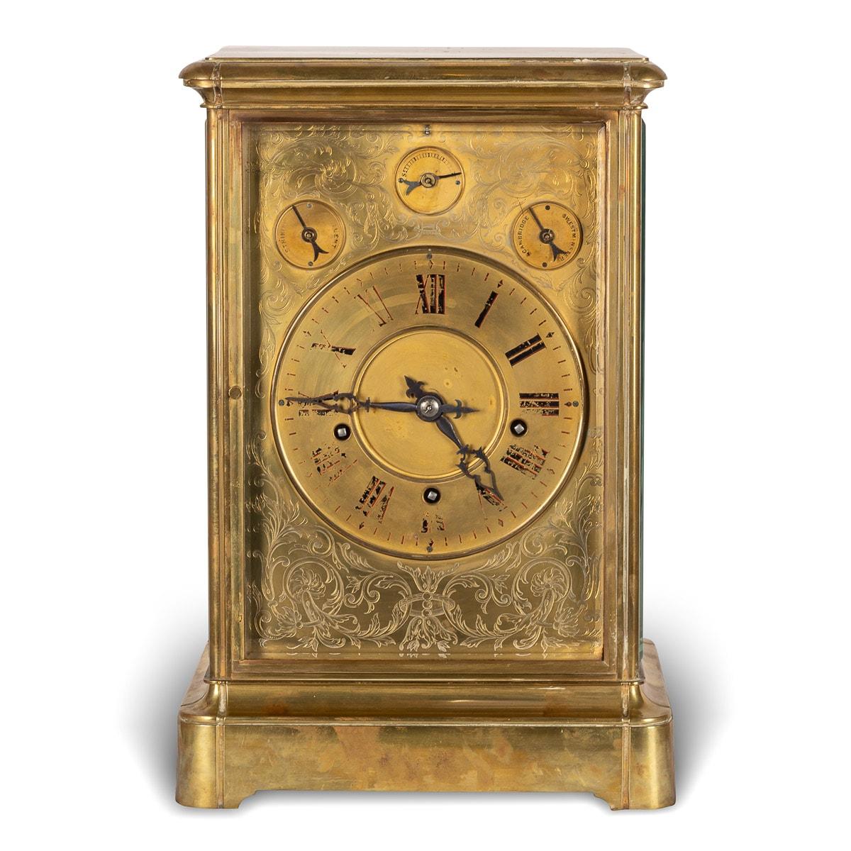 Antique 19th Century Victorian monumental mantle clock. The foliate engraved gilt-brass dial with enamel painted roman numerals and three dials above. Inside with eight day movement with strike on bell. The clock appears to be in working order, but