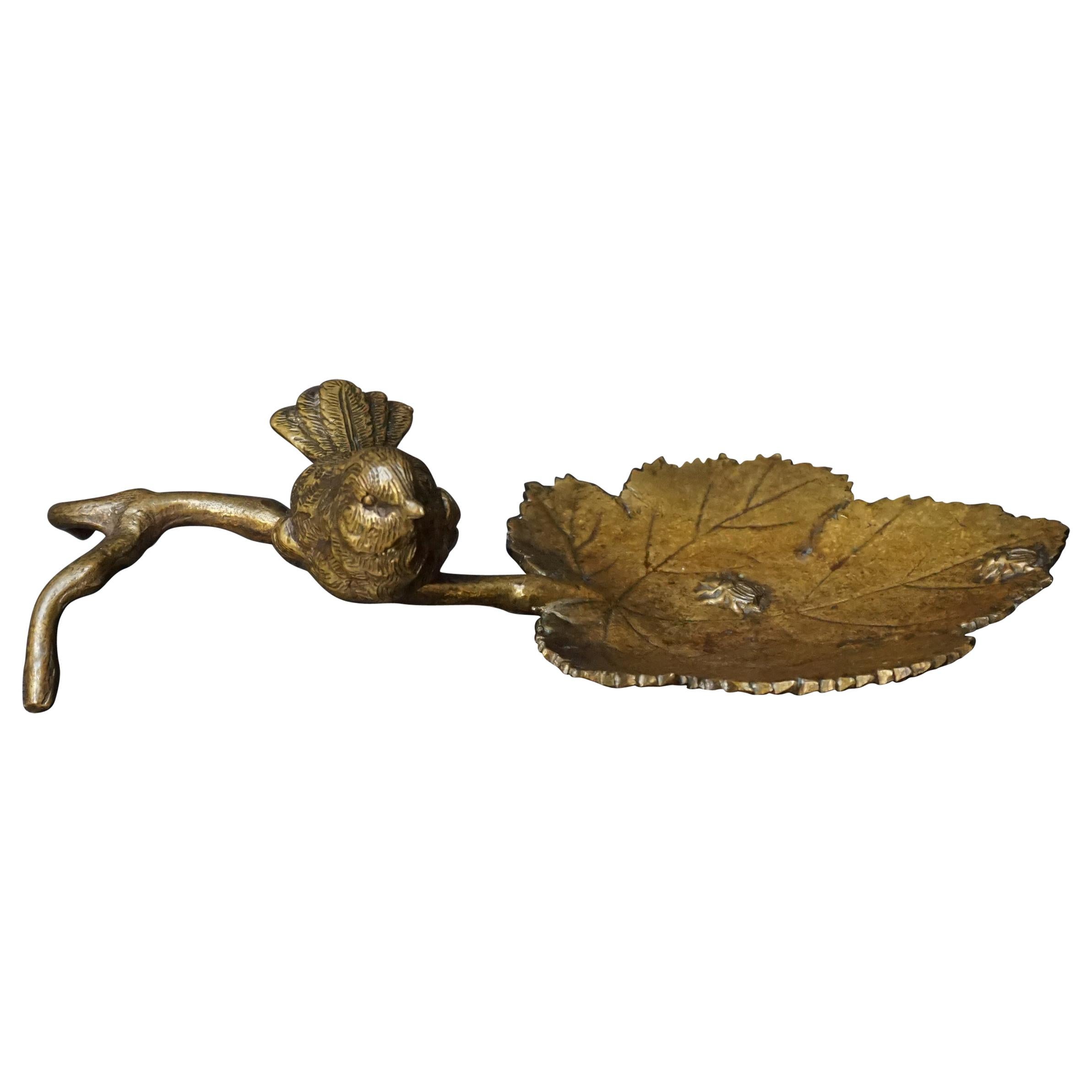 19th Century Victorian Gilt Bronze Leaf Trinket Dish with Sparrow and Beetles