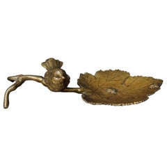 19th Century Victorian Gilt Bronze Leaf Trinket Dish with Sparrow and Beetles