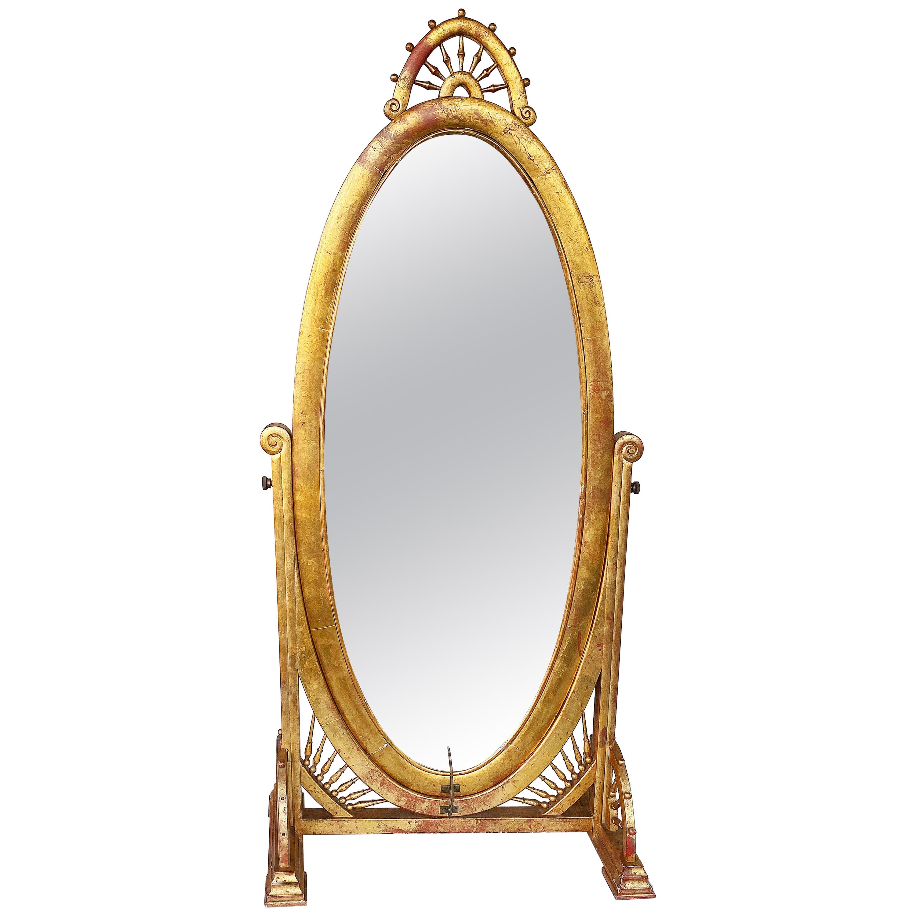 19th Century Victorian Giltwood Cheval Mirror on Stand with Caned Back For Sale