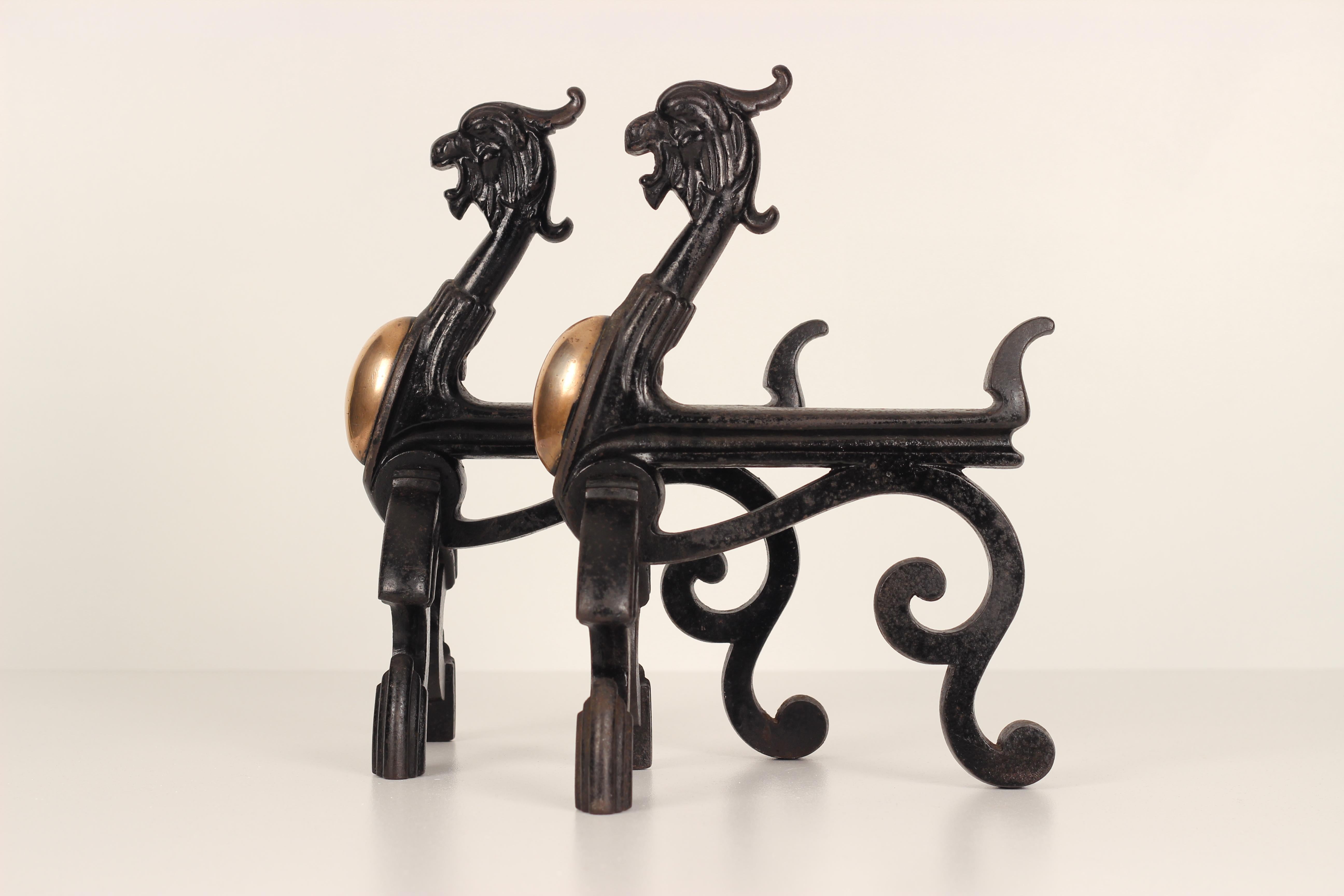 Gothic Revival 19th Century Victorian Gothic Fire Dogs or Andirons in the Shape of Griffins For Sale