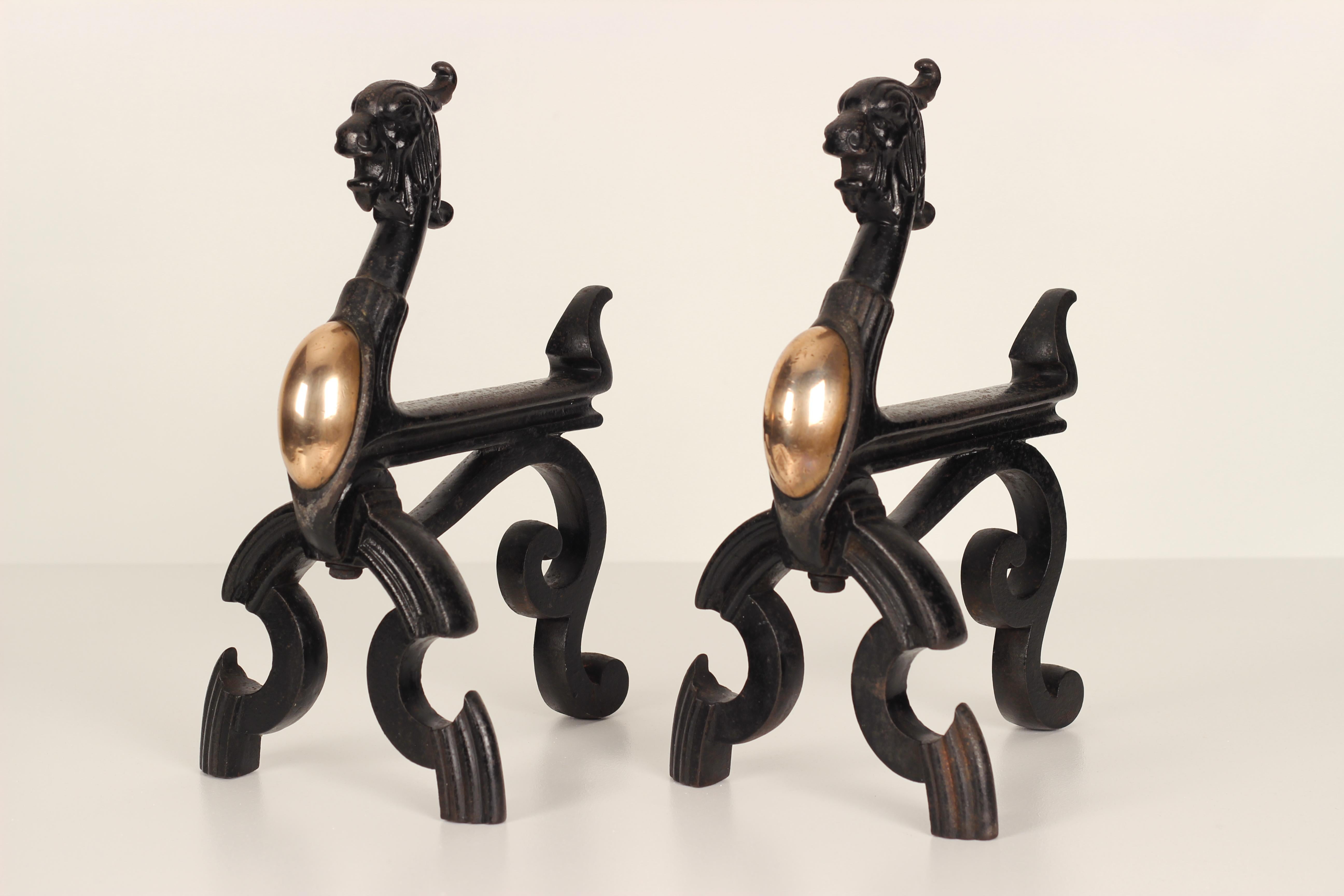 English 19th Century Victorian Gothic Fire Dogs or Andirons in the Shape of Griffins For Sale