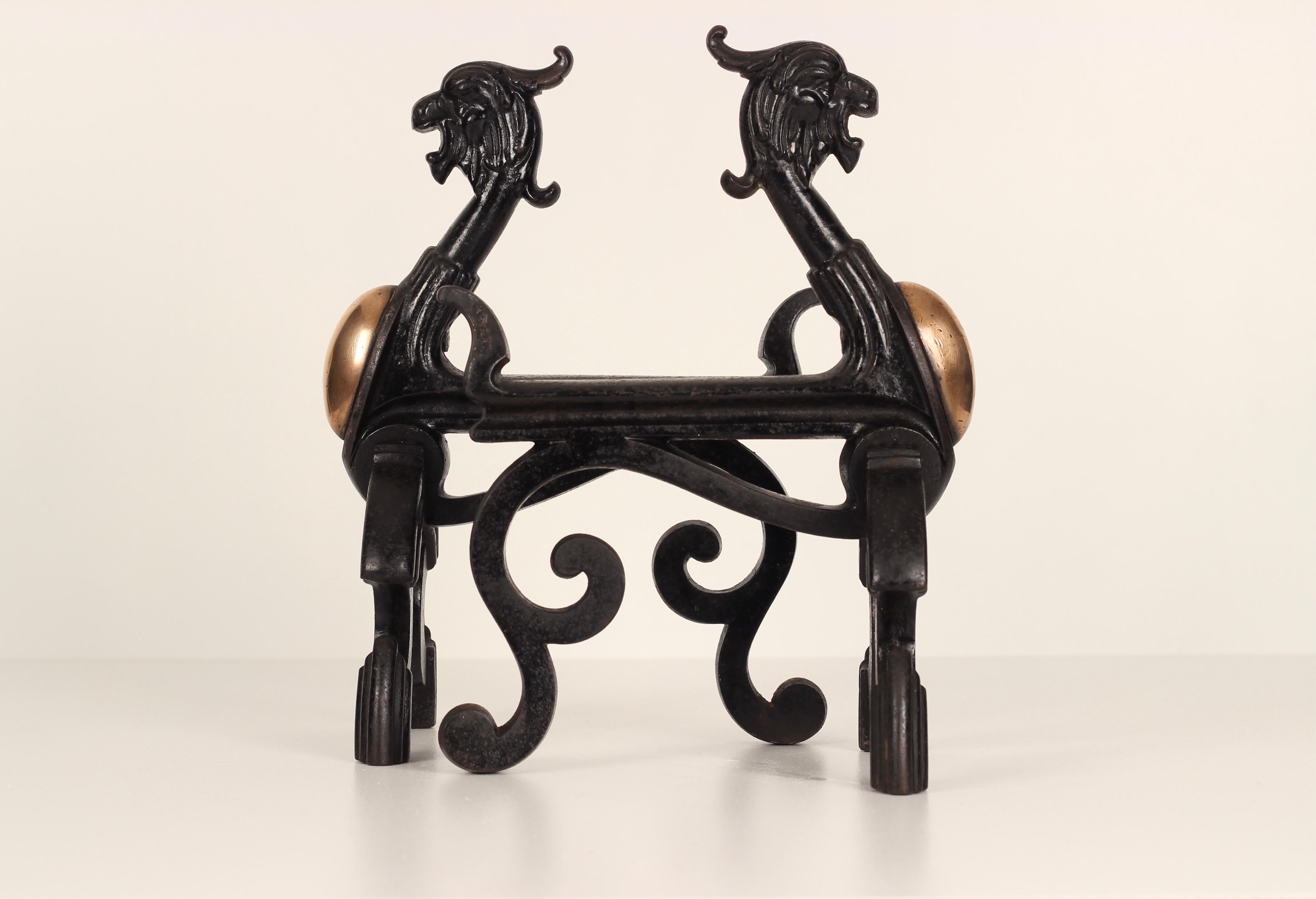 Iron 19th Century Victorian Gothic Fire Dogs or Andirons in the Shape of Griffins For Sale