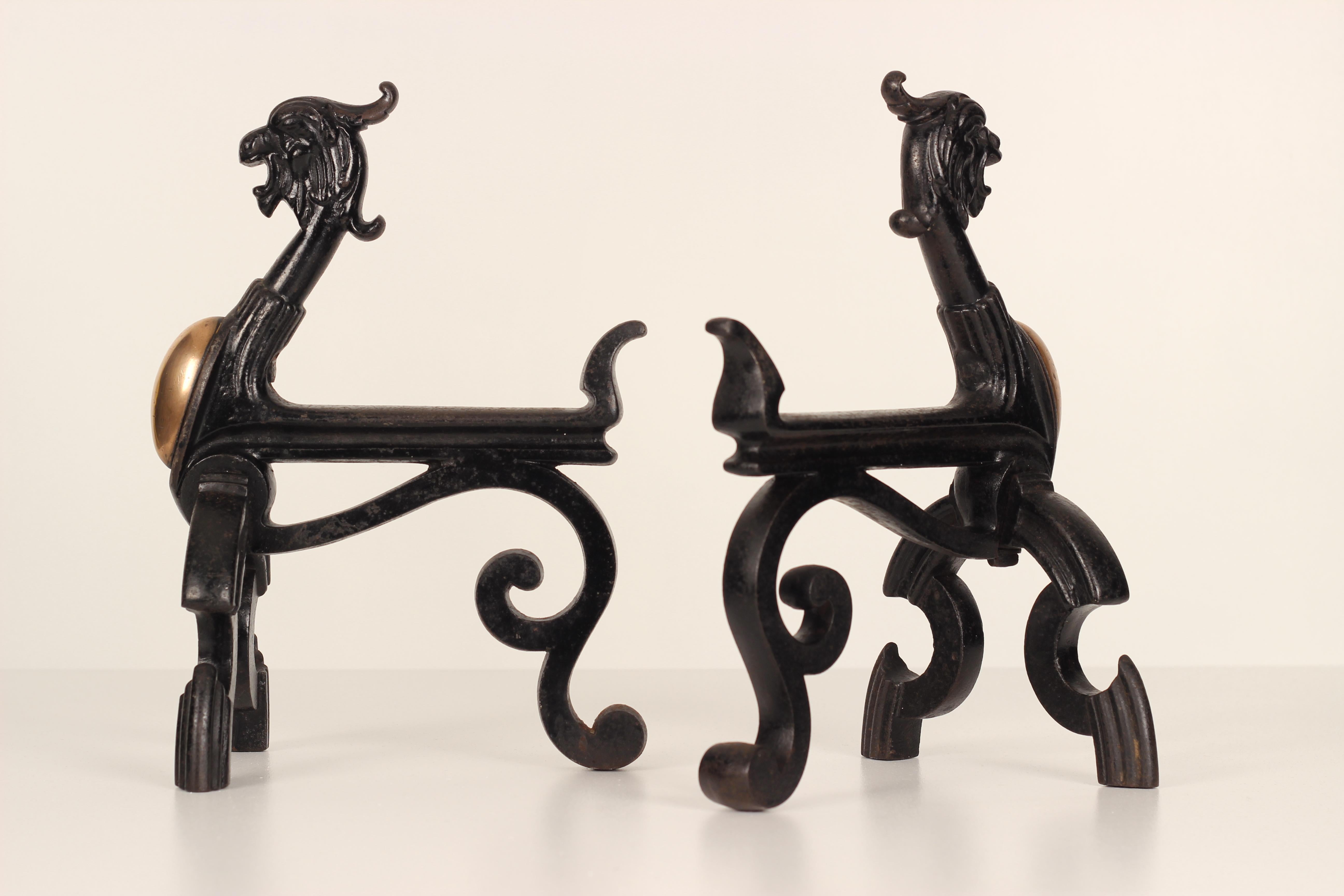 19th Century Victorian Gothic Fire Dogs or Andirons in the Shape of Griffins For Sale 2