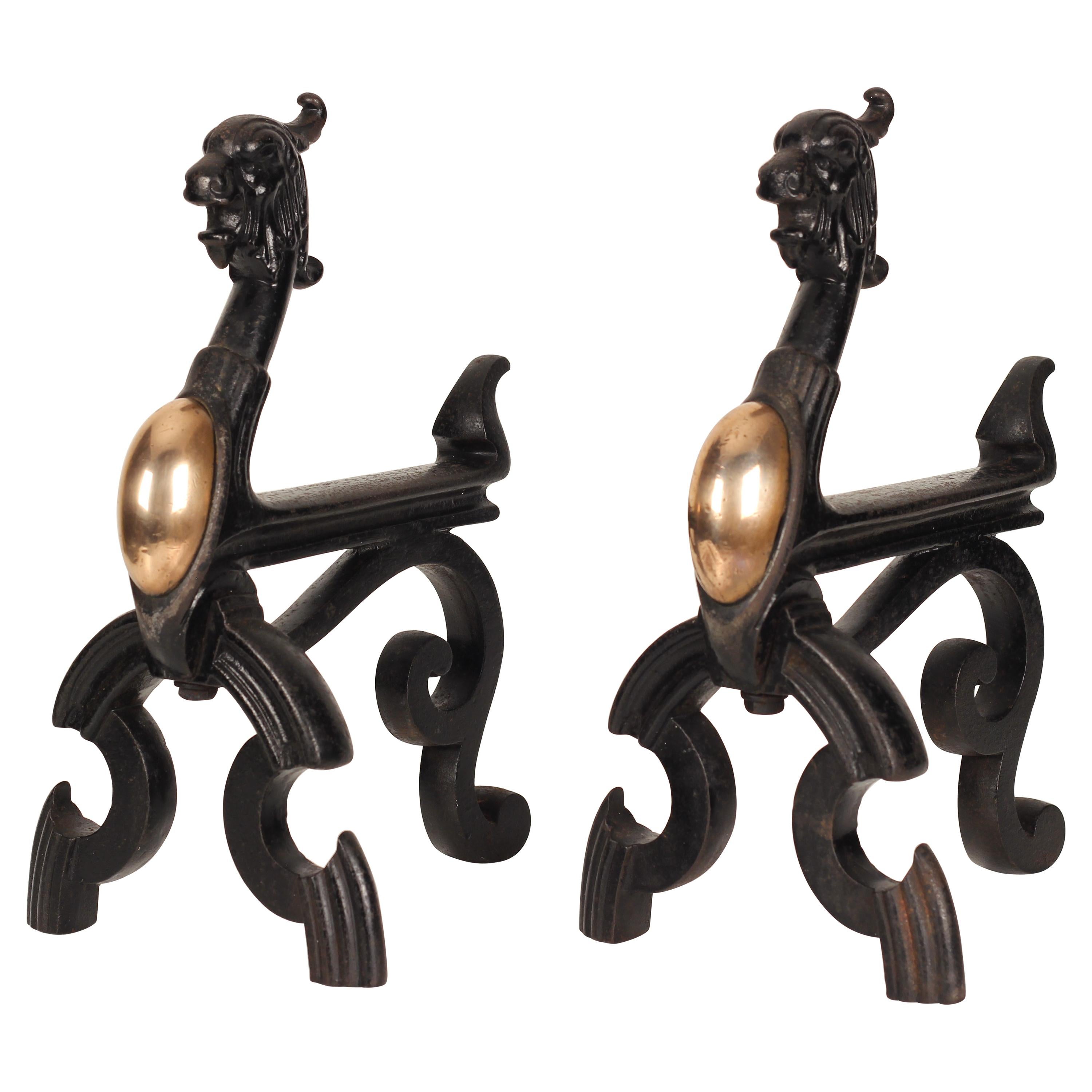 19th Century Victorian Gothic Fire Dogs or Andirons in the Shape of Griffins