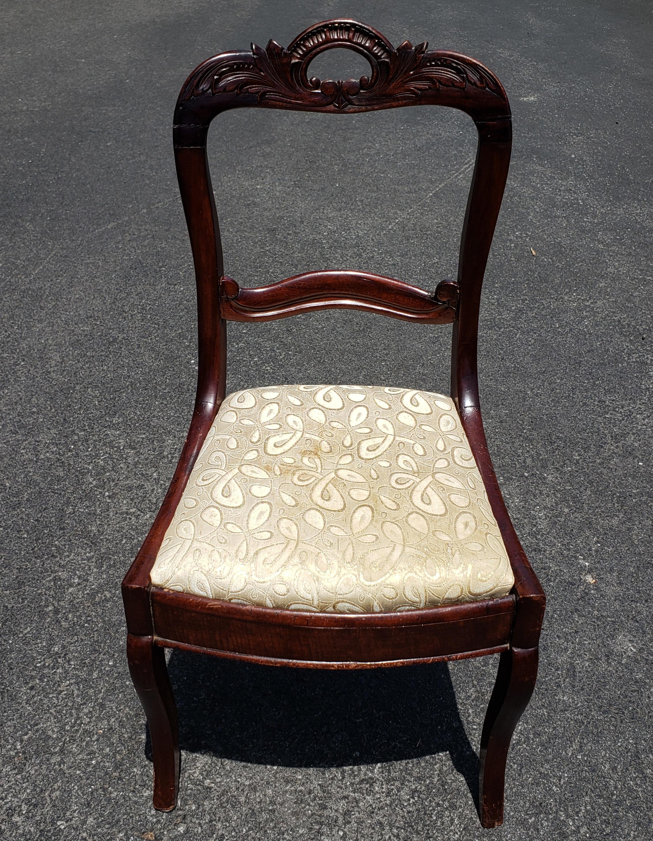19th century Victorian Hancrafted and Carved Mahogany Ladder Back and upholdtered seat Chair.
Good antique sturdy condition. Measures 18