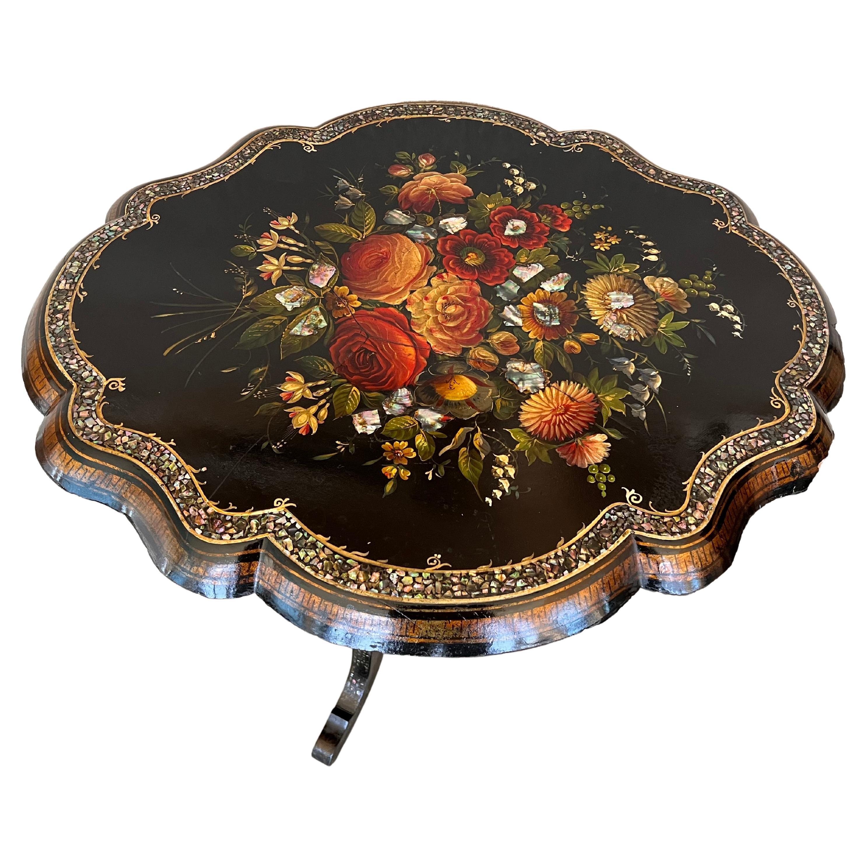 19th Century Victorian Hand Painted & Ebonized Tilt-Top Side Table with inlays For Sale
