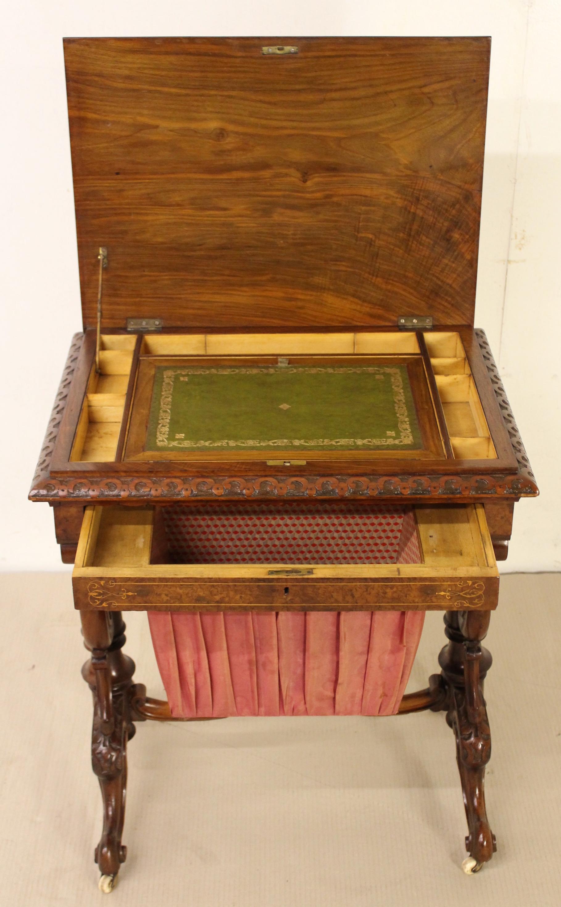 19th Century Victorian Inlaid Burr Walnut Sewing Table For Sale 4