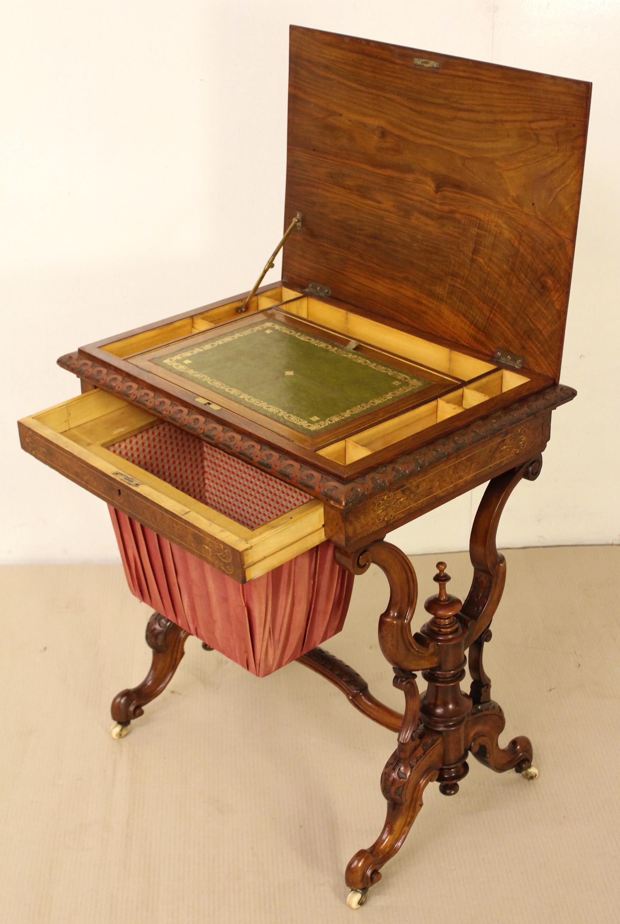19th Century Victorian Inlaid Burr Walnut Sewing Table For Sale 6