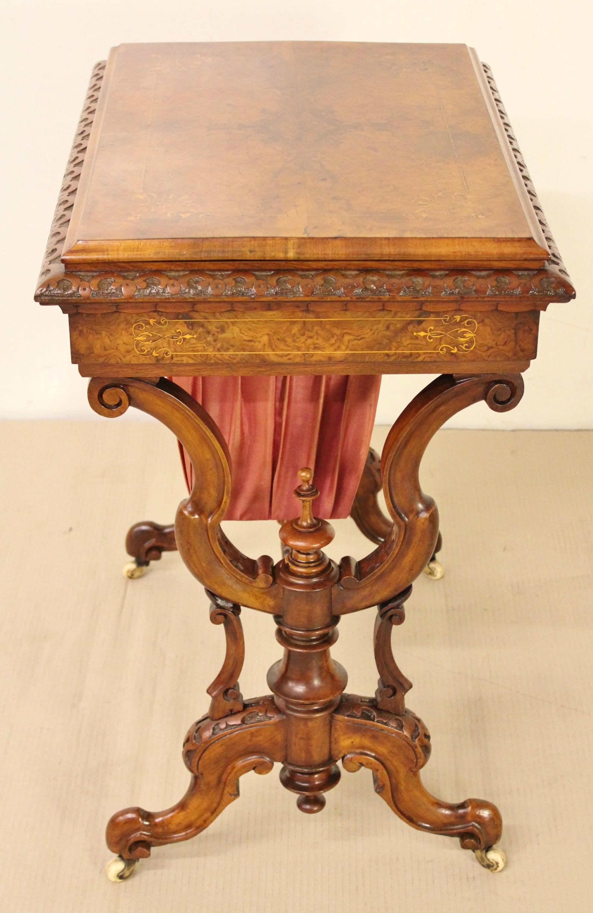 19th Century Victorian Inlaid Burr Walnut Sewing Table For Sale 8