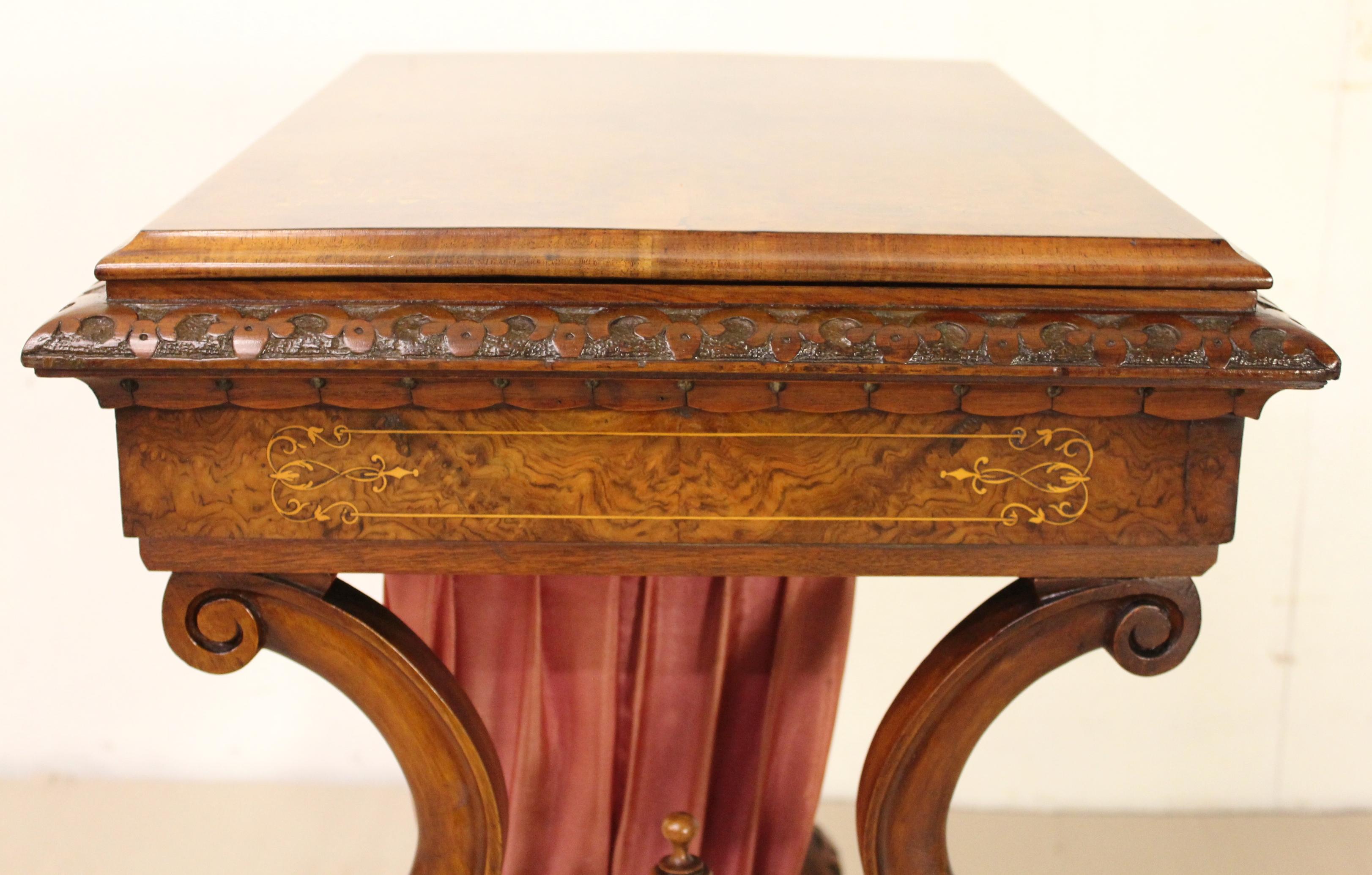 19th Century Victorian Inlaid Burr Walnut Sewing Table For Sale 9