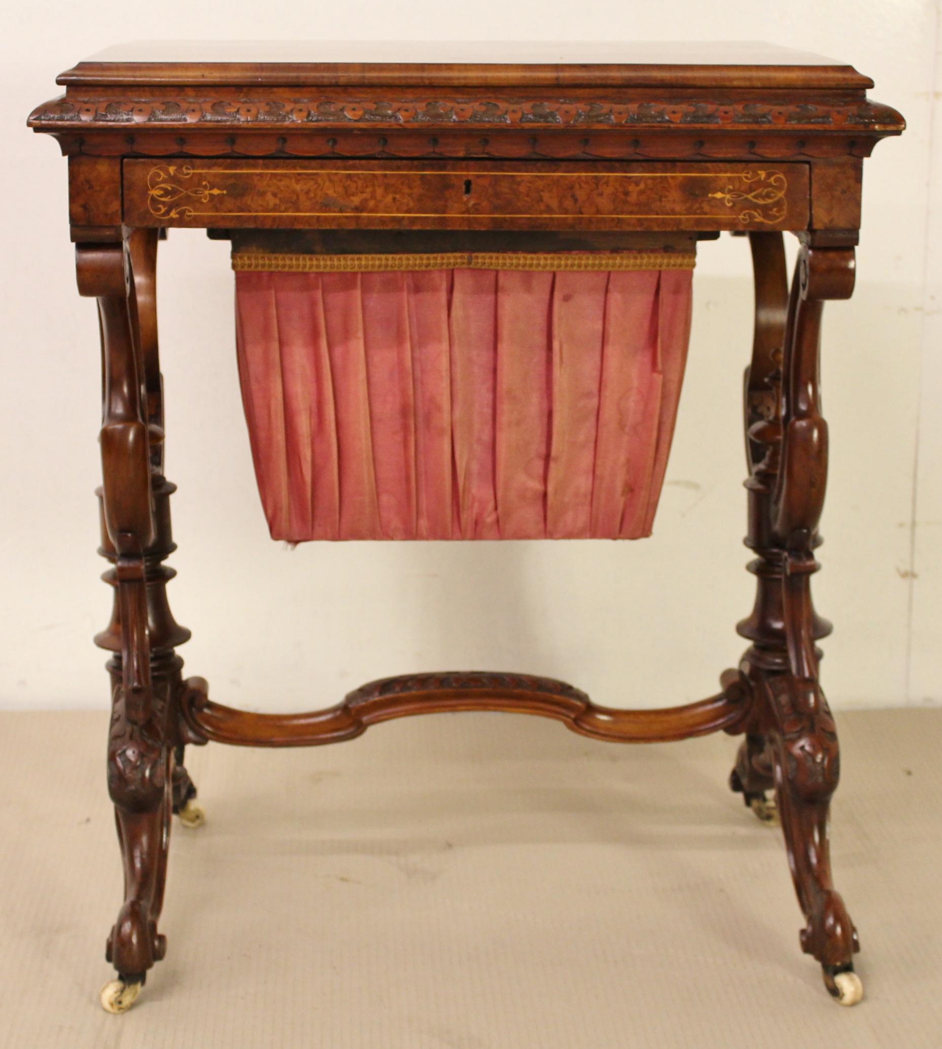 English 19th Century Victorian Inlaid Burr Walnut Sewing Table For Sale