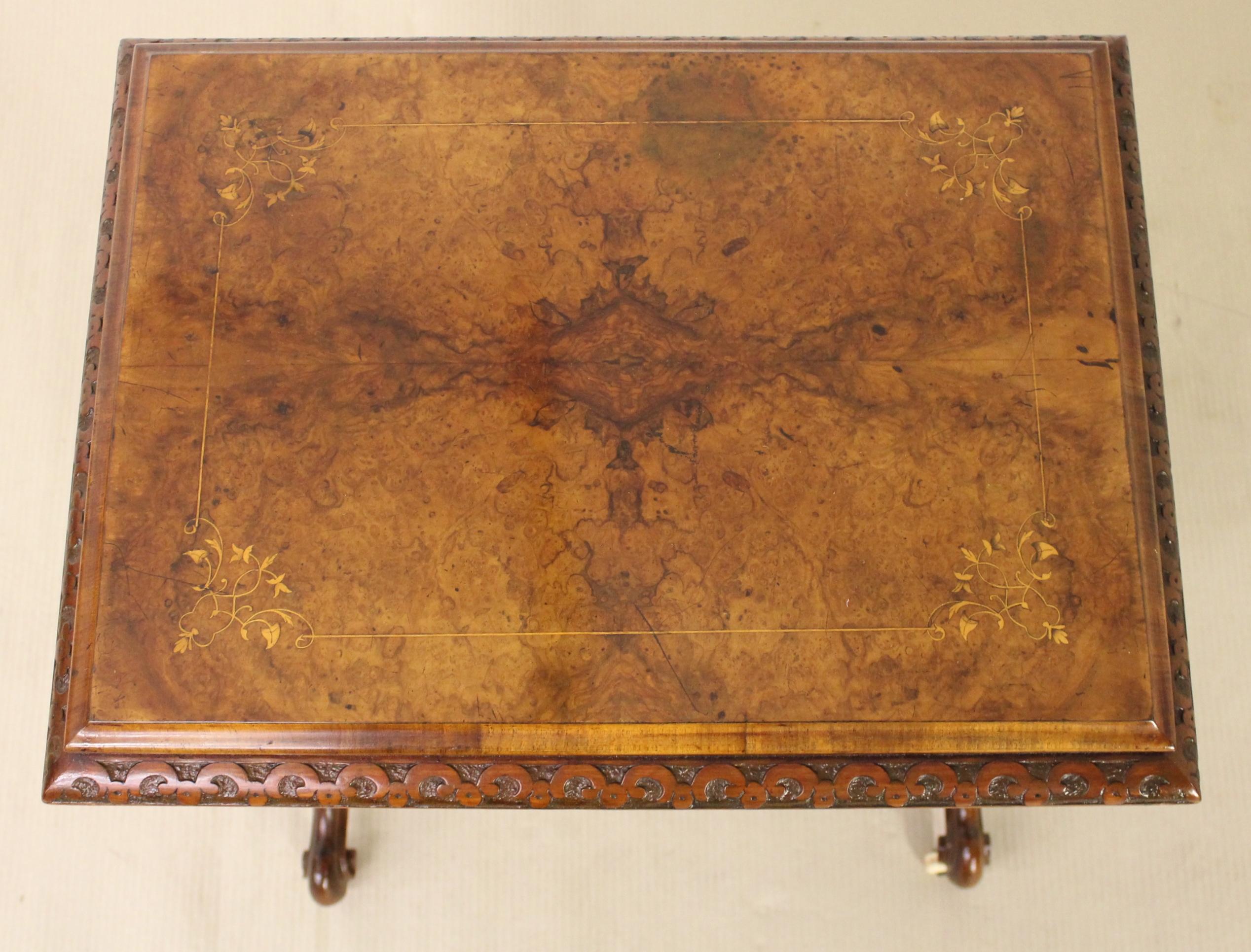 Inlay 19th Century Victorian Inlaid Burr Walnut Sewing Table For Sale