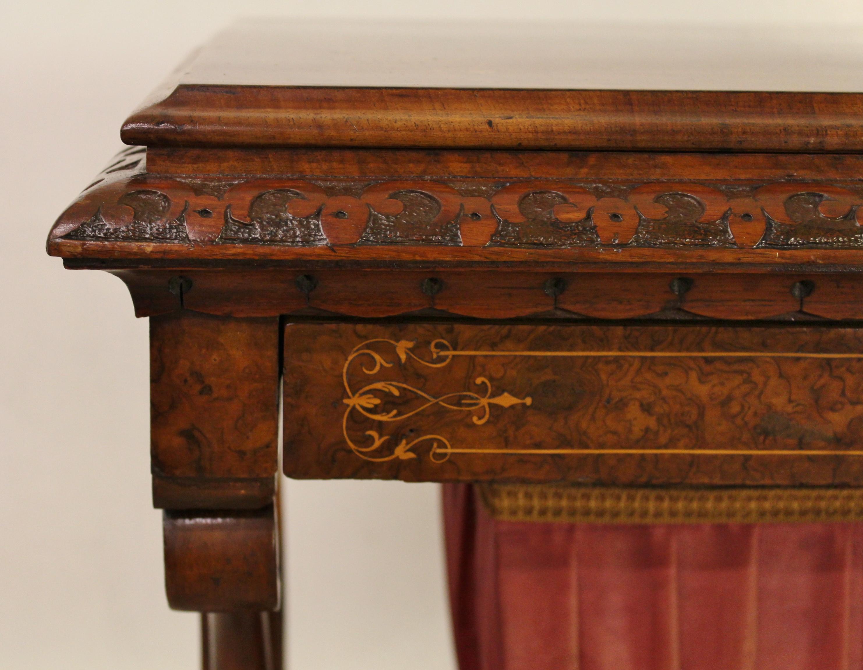 19th Century Victorian Inlaid Burr Walnut Sewing Table For Sale 1