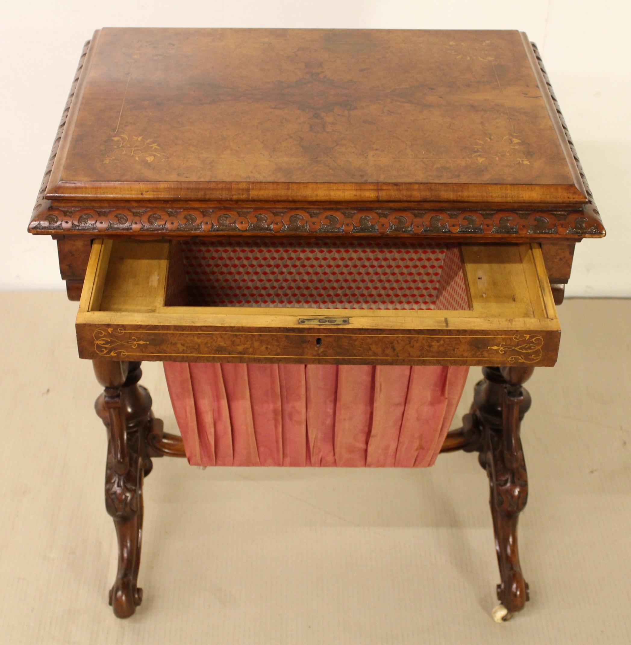 19th Century Victorian Inlaid Burr Walnut Sewing Table For Sale 3