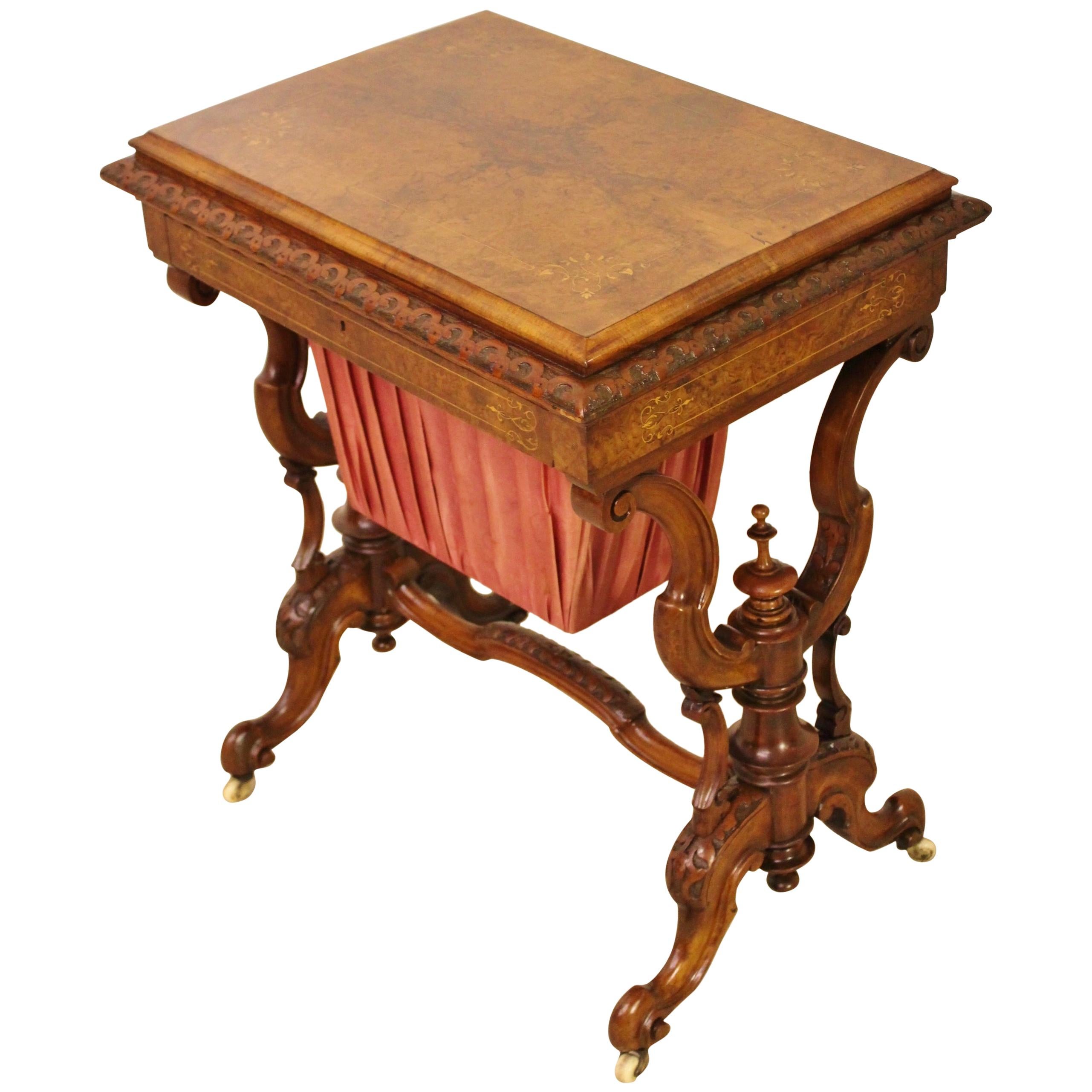 19th Century Victorian Inlaid Burr Walnut Sewing Table For Sale