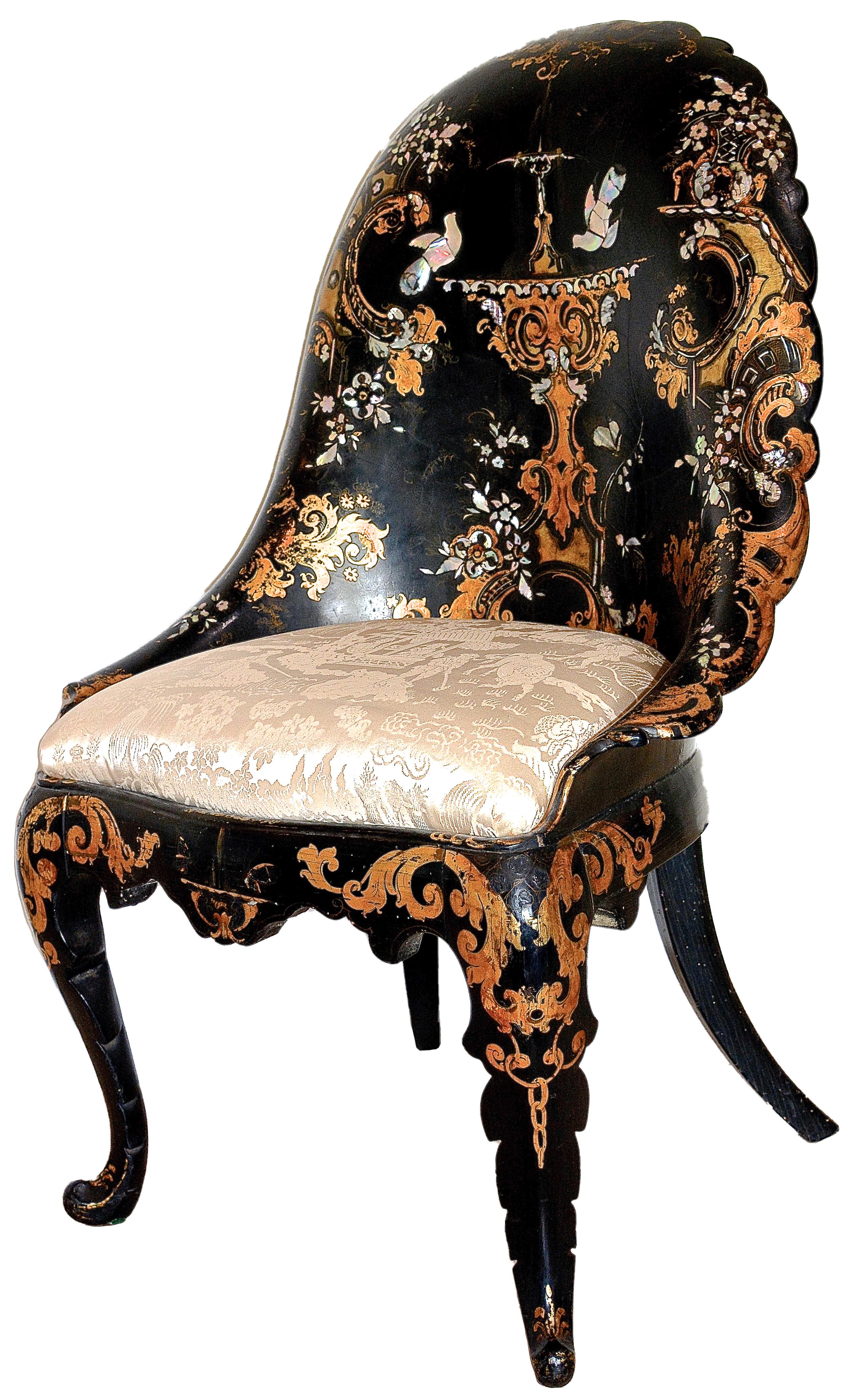 Chaise victorienne du 19ème siècle en nacre incrustée et papier mâché doré en vente 3