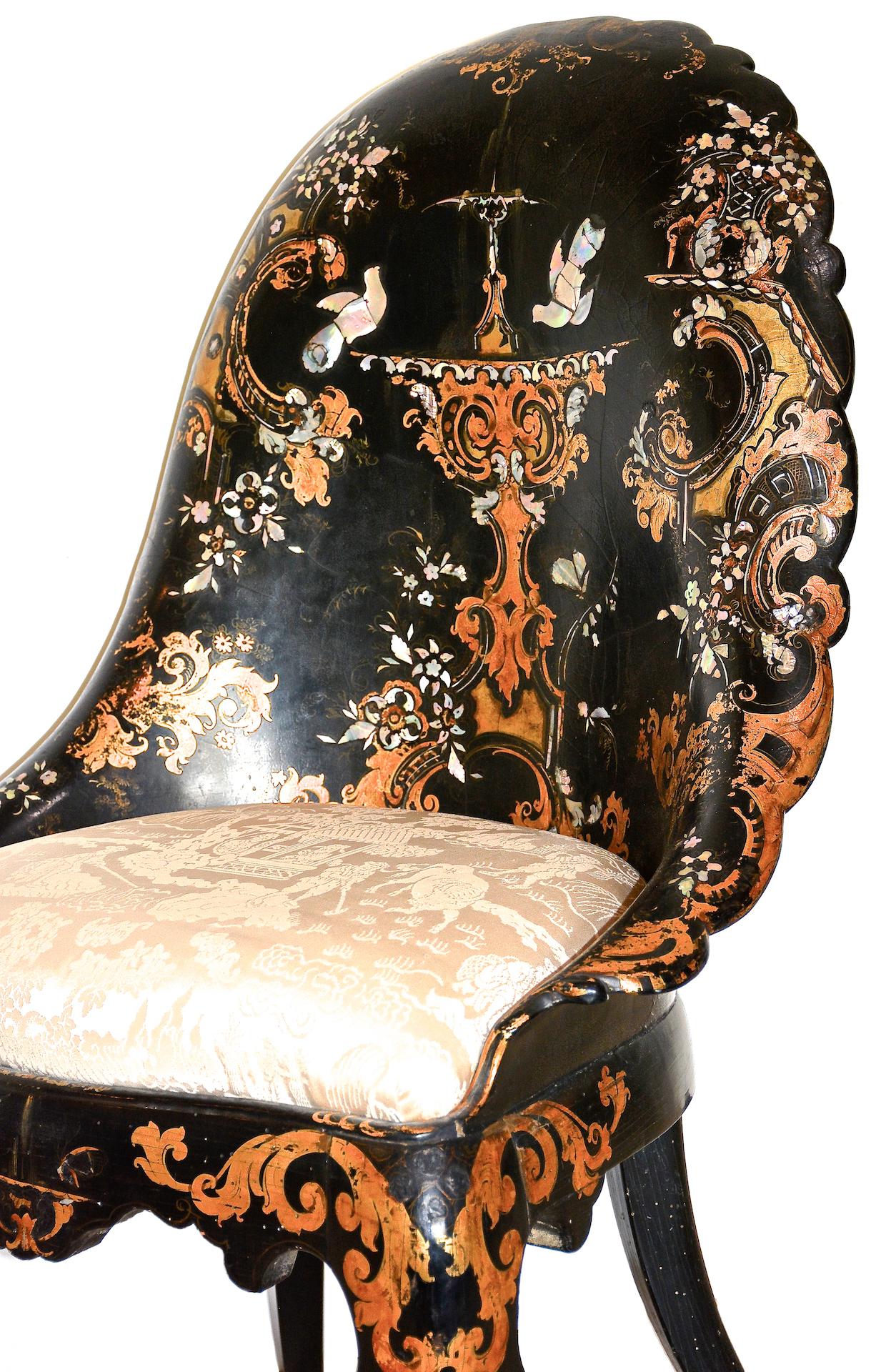 19th Century Victorian Inlaid Mother-of-Pearl & Gilt Papier Mache Chair For Sale 7