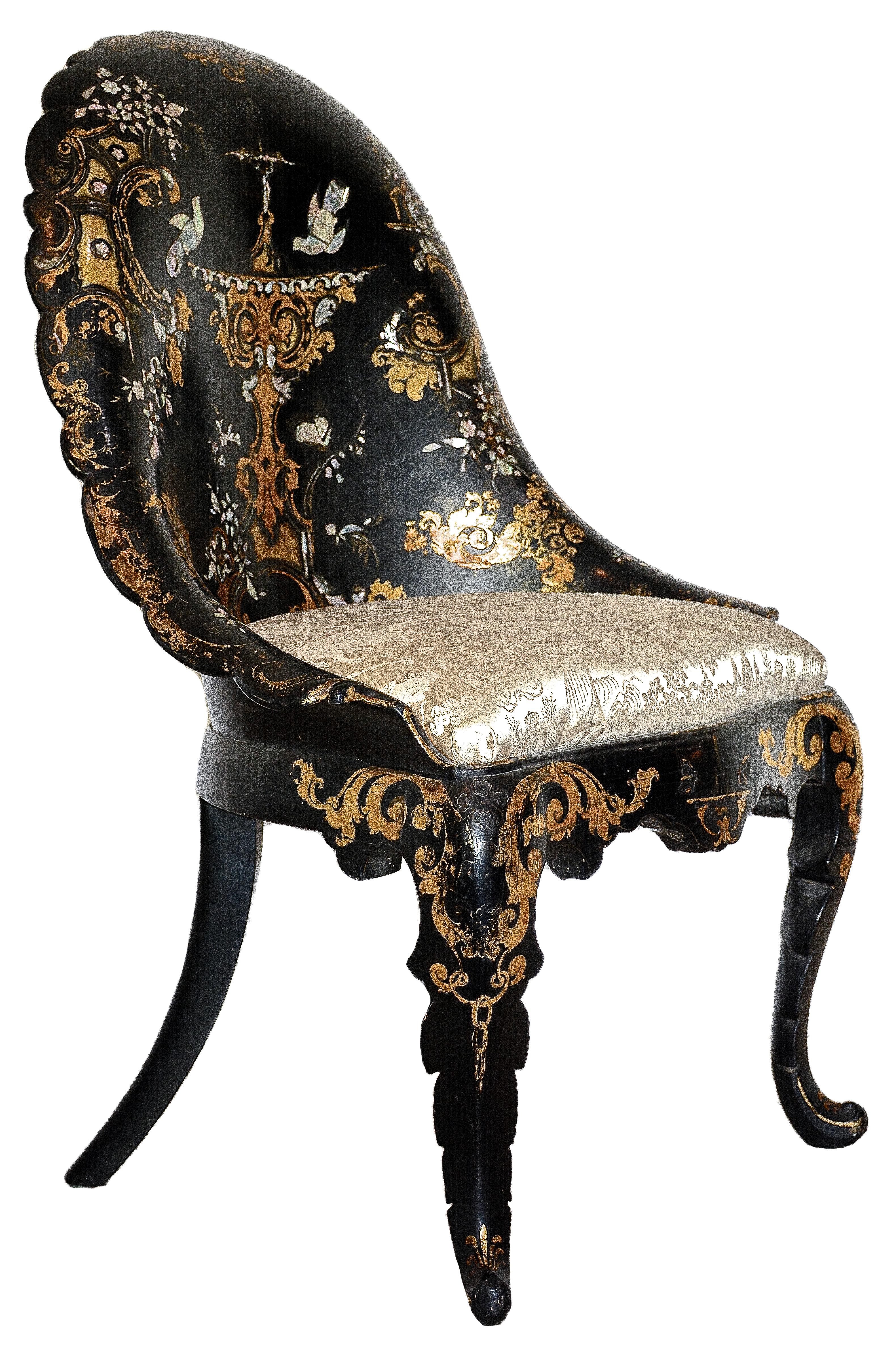 English 19th Century Victorian Inlaid Mother-of-Pearl & Gold Leaf Papier Mache Chair For Sale