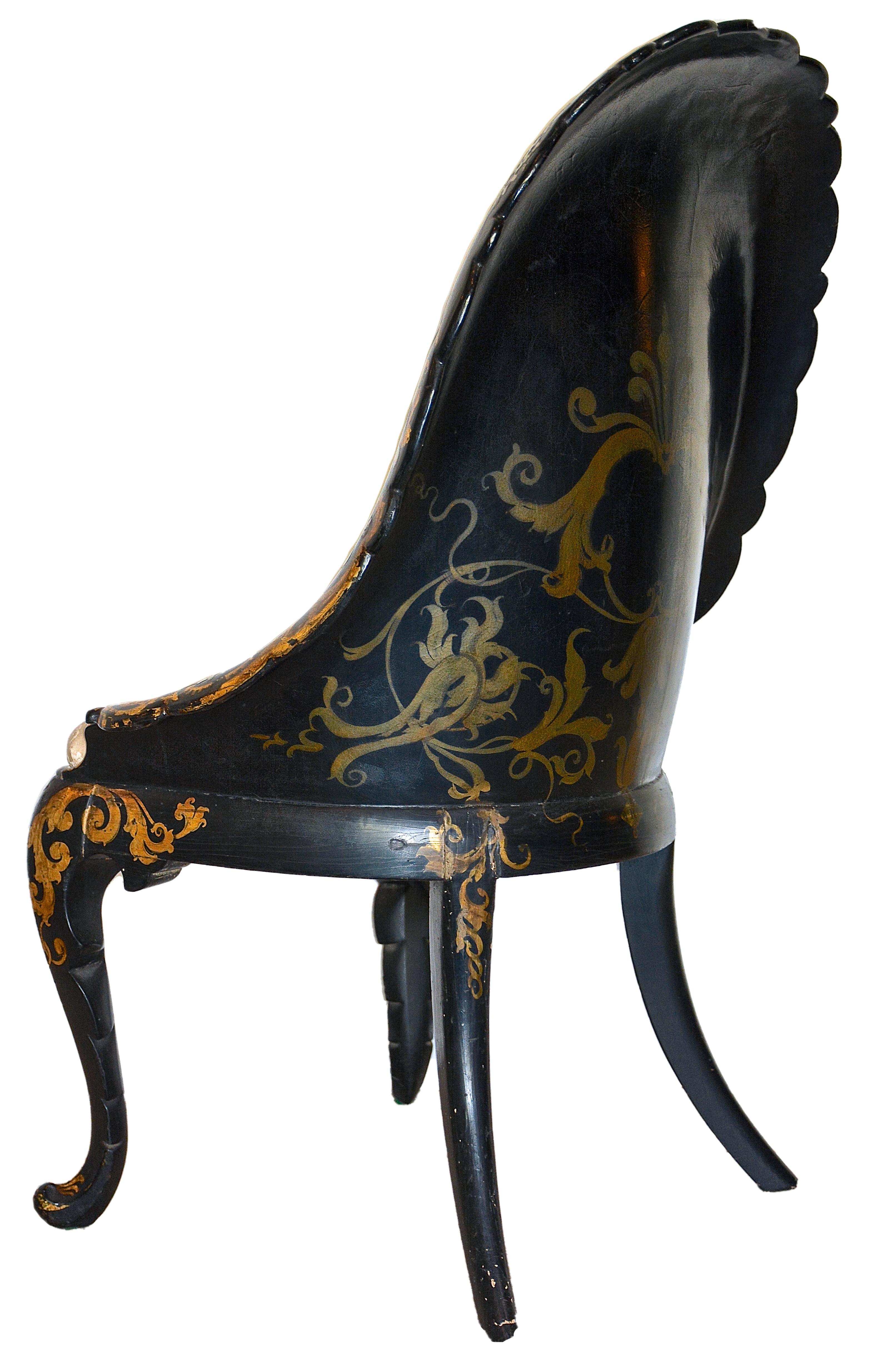 19th Century Victorian Inlaid Mother-of-Pearl & Gold Leaf Papier Mache Chair For Sale 3