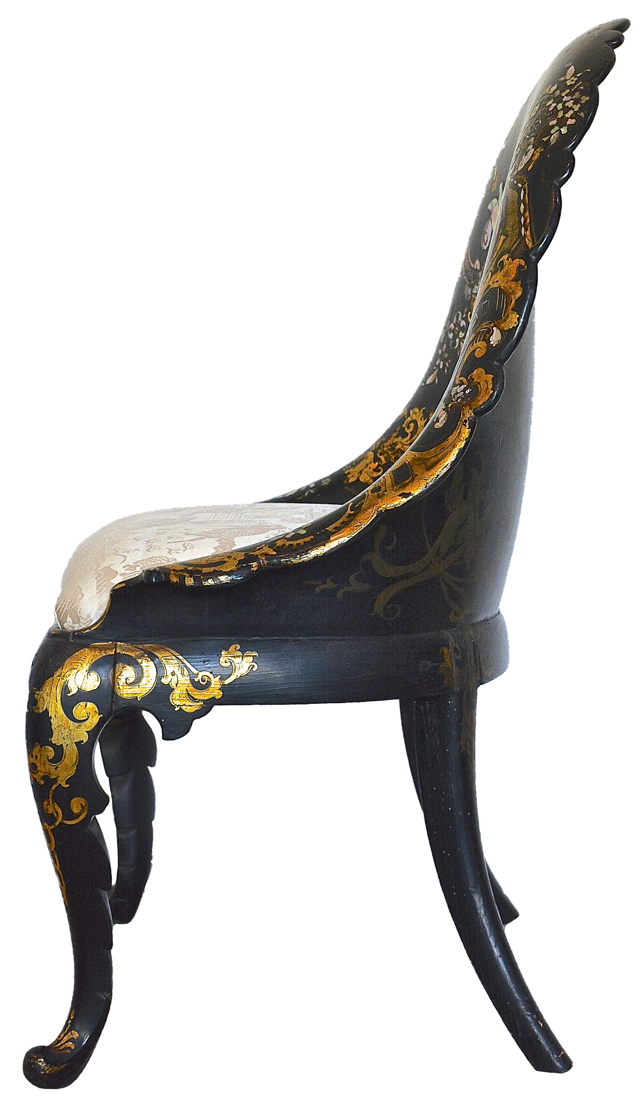 19th Century Victorian Inlaid Mother-of-Pearl & Gold Leaf Papier Mache Chair For Sale 4