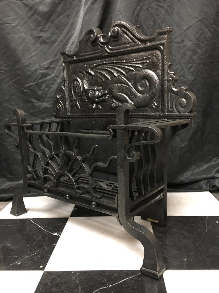 Aesthetic Movement 19th Century Victorian Iron Aesthetic Manner Fire Grate Basket and Original Hood For Sale
