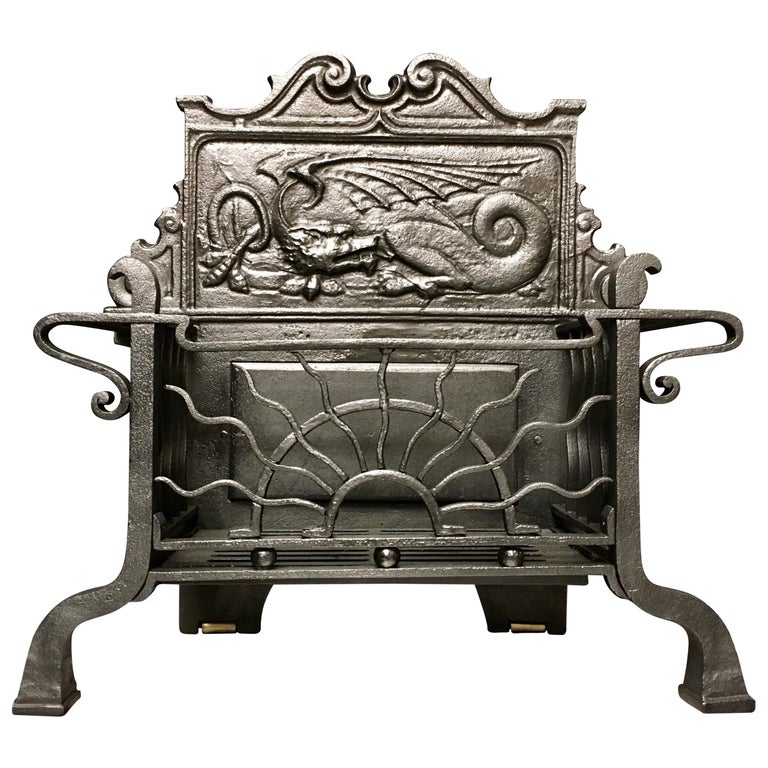 19th Century Victorian Iron Aesthetic Manner Fire Grate Basket and Original Hood For Sale