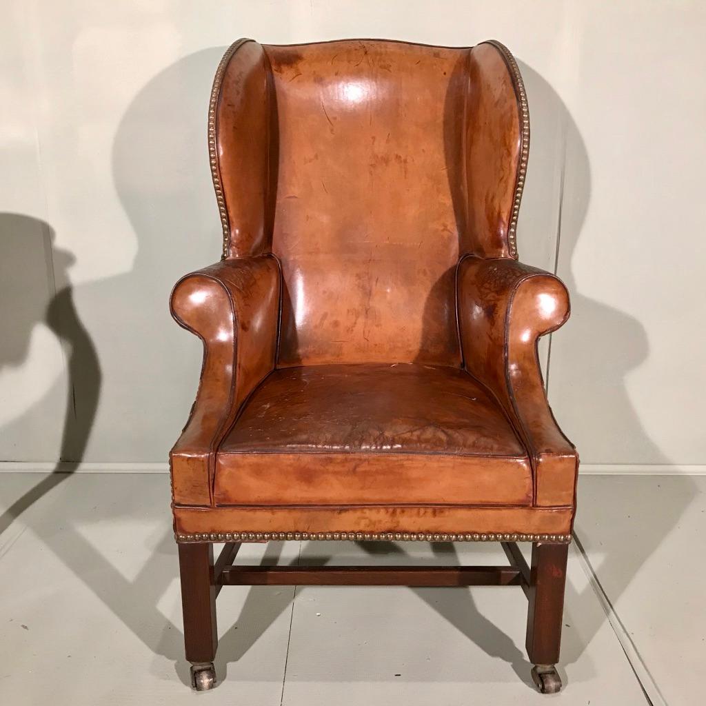 19th Century Victorian Leather Wing Back Library Armchair on Brass Castors 7