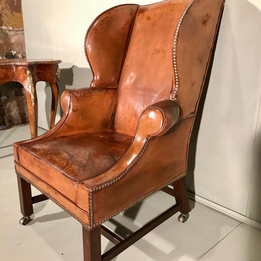 19th Century Victorian Leather Wing Back Library Armchair on Brass Castors 8