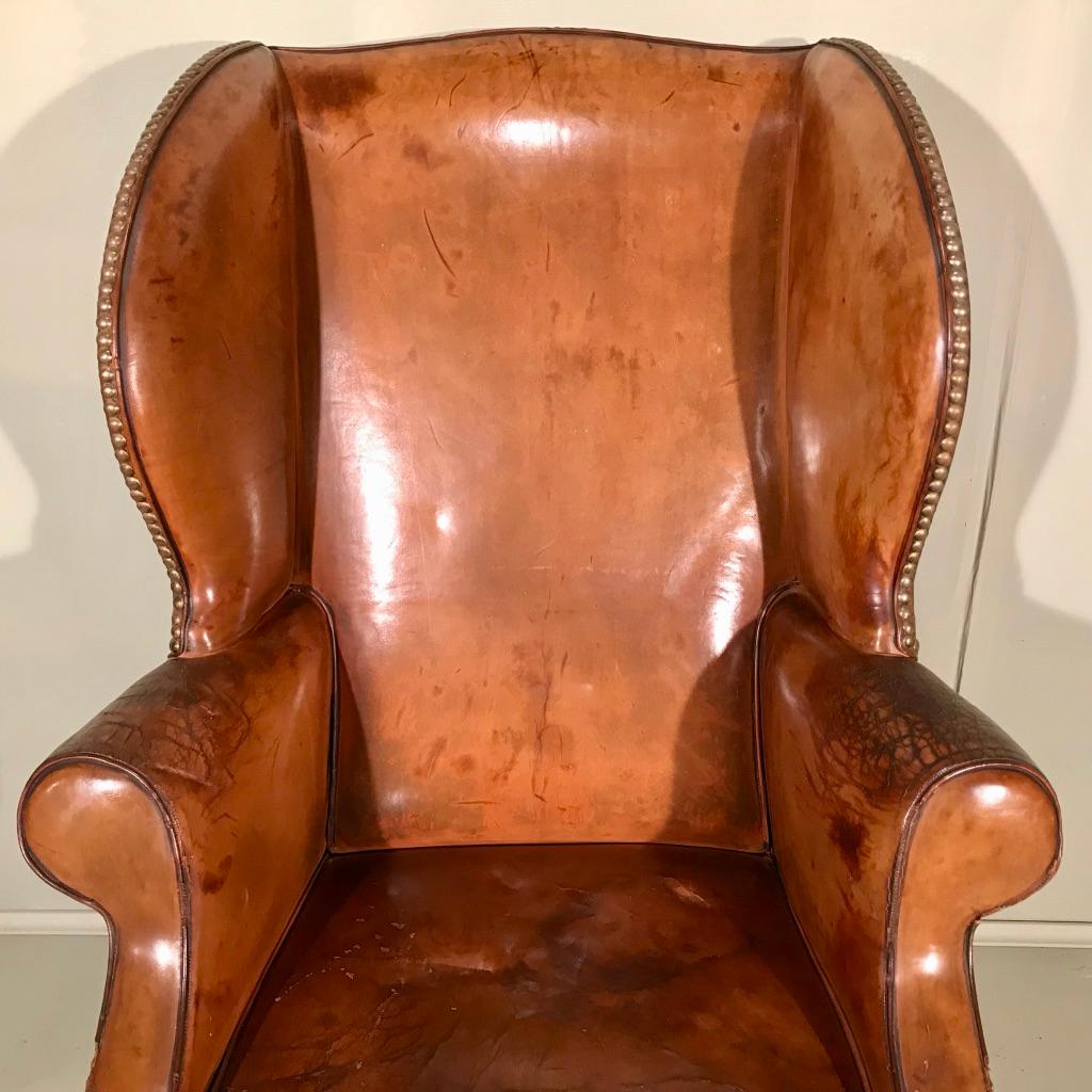 19th Century Victorian Leather Wing Back Library Armchair on Brass Castors 11