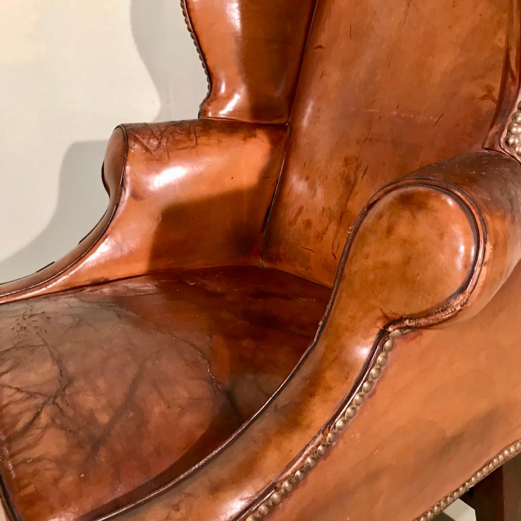 19th Century Victorian Leather Wing Back Library Armchair on Brass Castors 2