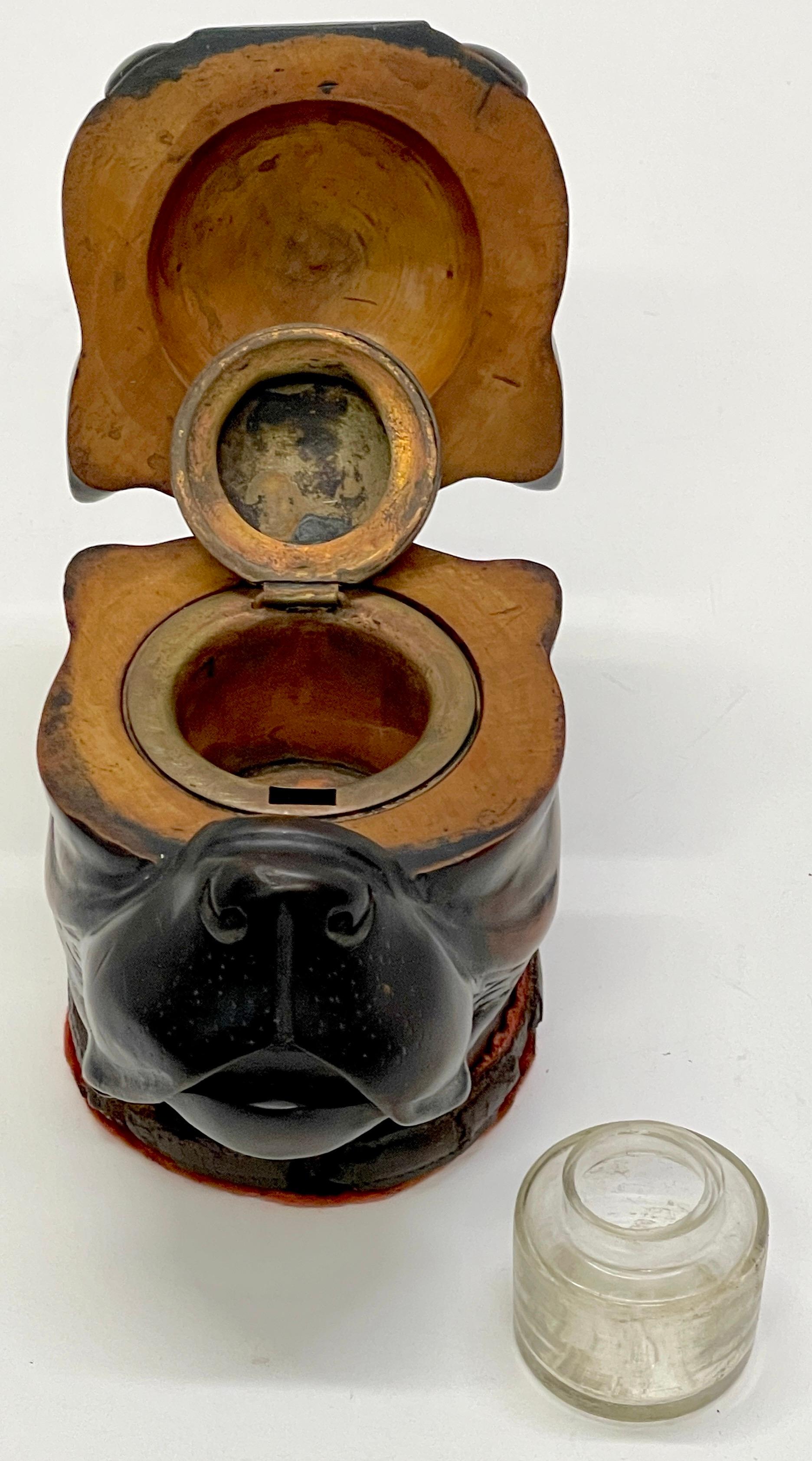 English  19th Century Victorian Lignum Vitae Bull/Pug Dog Inkwell