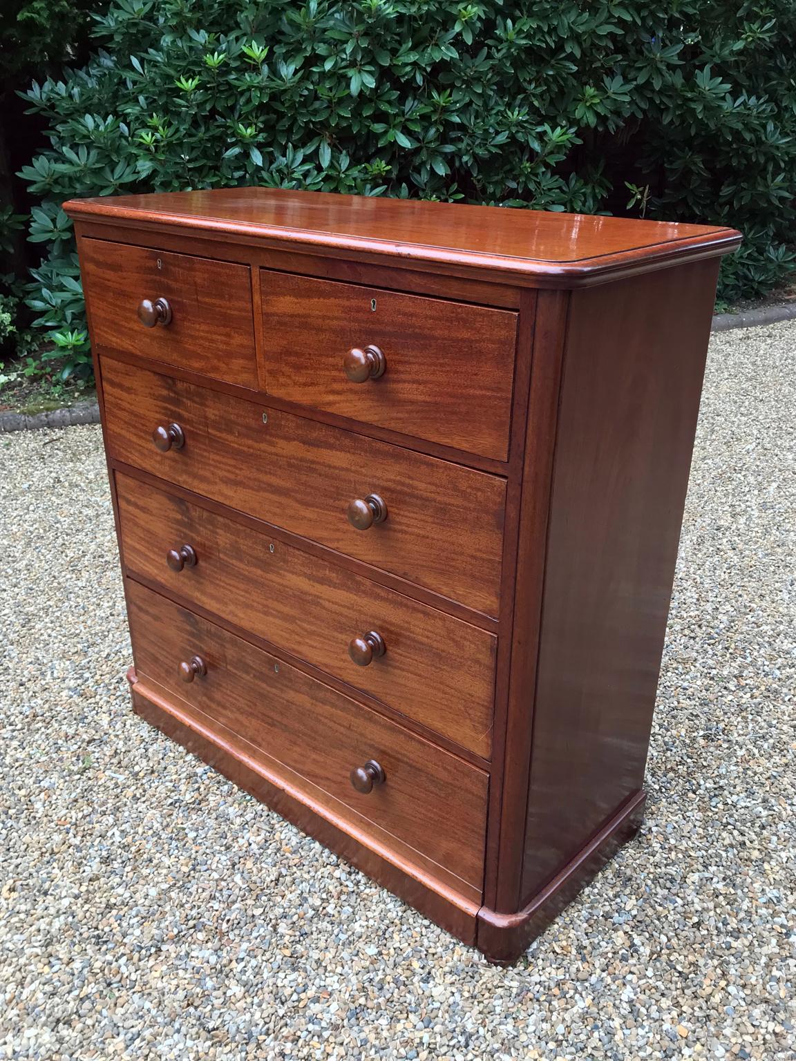 19th century Victorian mahogany chest of drawers with two short, three long solid mahogany drawers and original bun handles,

circa 1870

Dimensions:
Height 46.5 inches – 118 cms
Width 45.5 inches – 116 cms
Depth 19 inches – 49 cms.



 