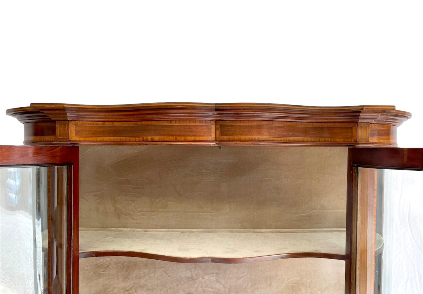 19th Century Victorian Mahogany Inlaid Serpentine Shaped Display Cabinet 2