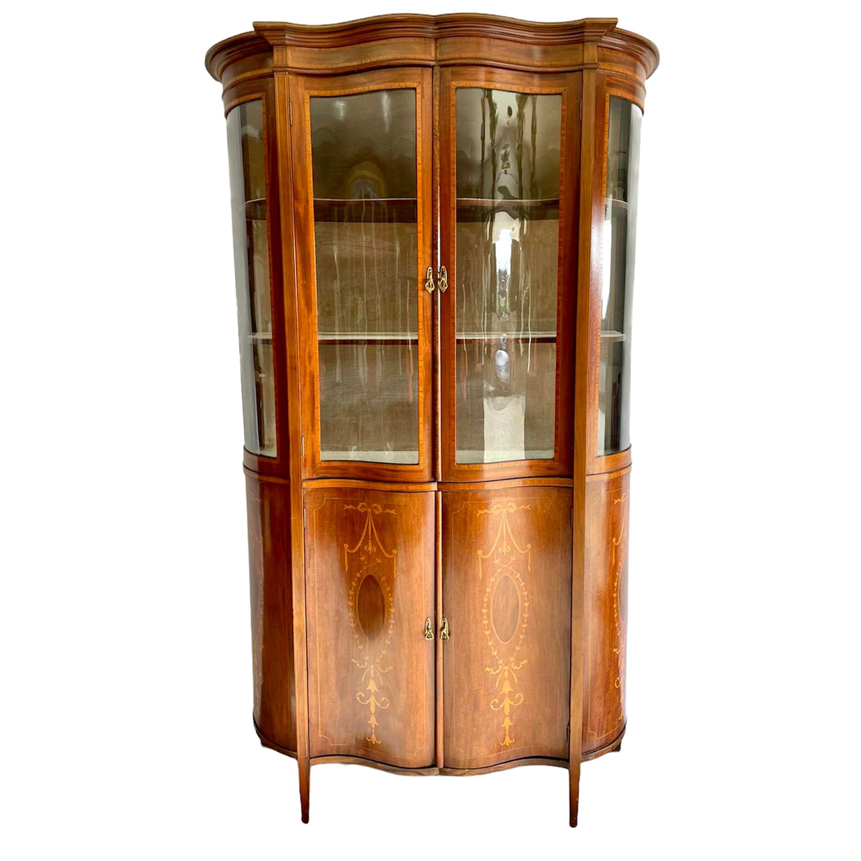 19th Century Victorian Mahogany Inlaid Serpentine Shaped Display Cabinet