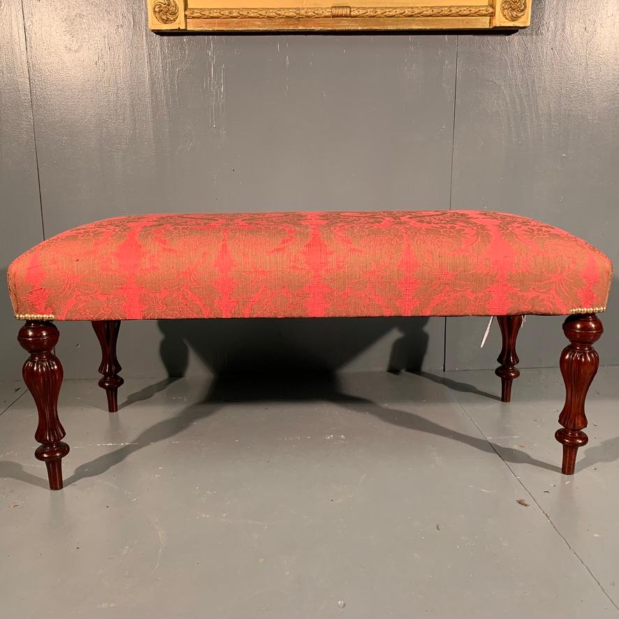 Very decorative and fully restored Victorian solid mahogany long stool with fabulous legs and newly upholstered.
Lovely piece to use as a hall bench perhaps, but also works well as additional occasional seating for two adults in a living room for