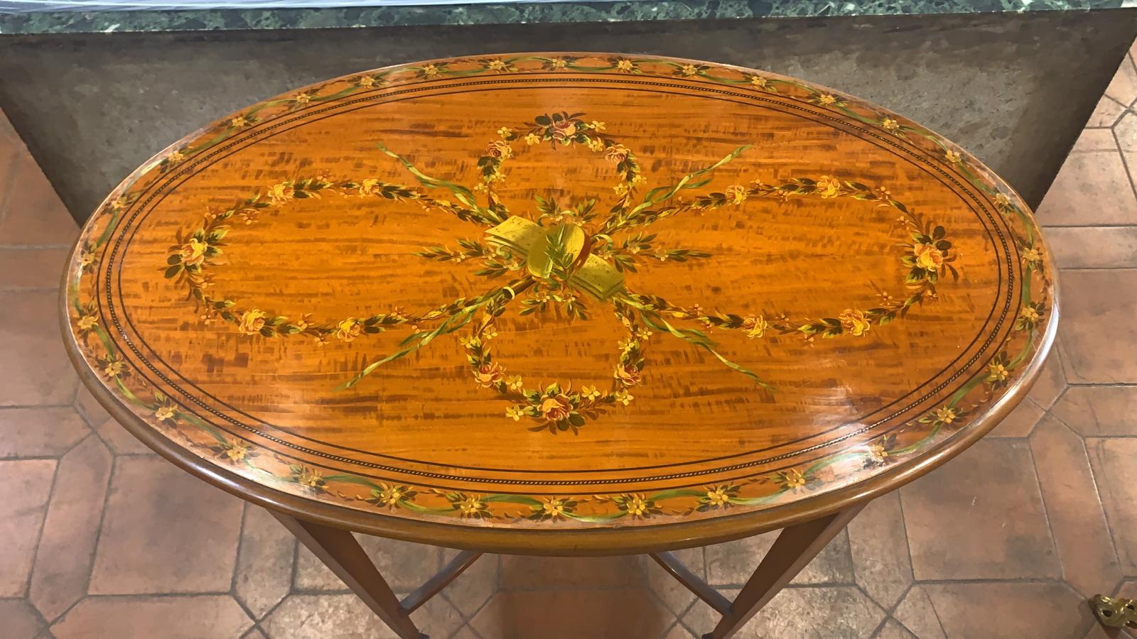 High Victorian 19th Century Victorian Satinwood Painted Tray Table End Table, 1870