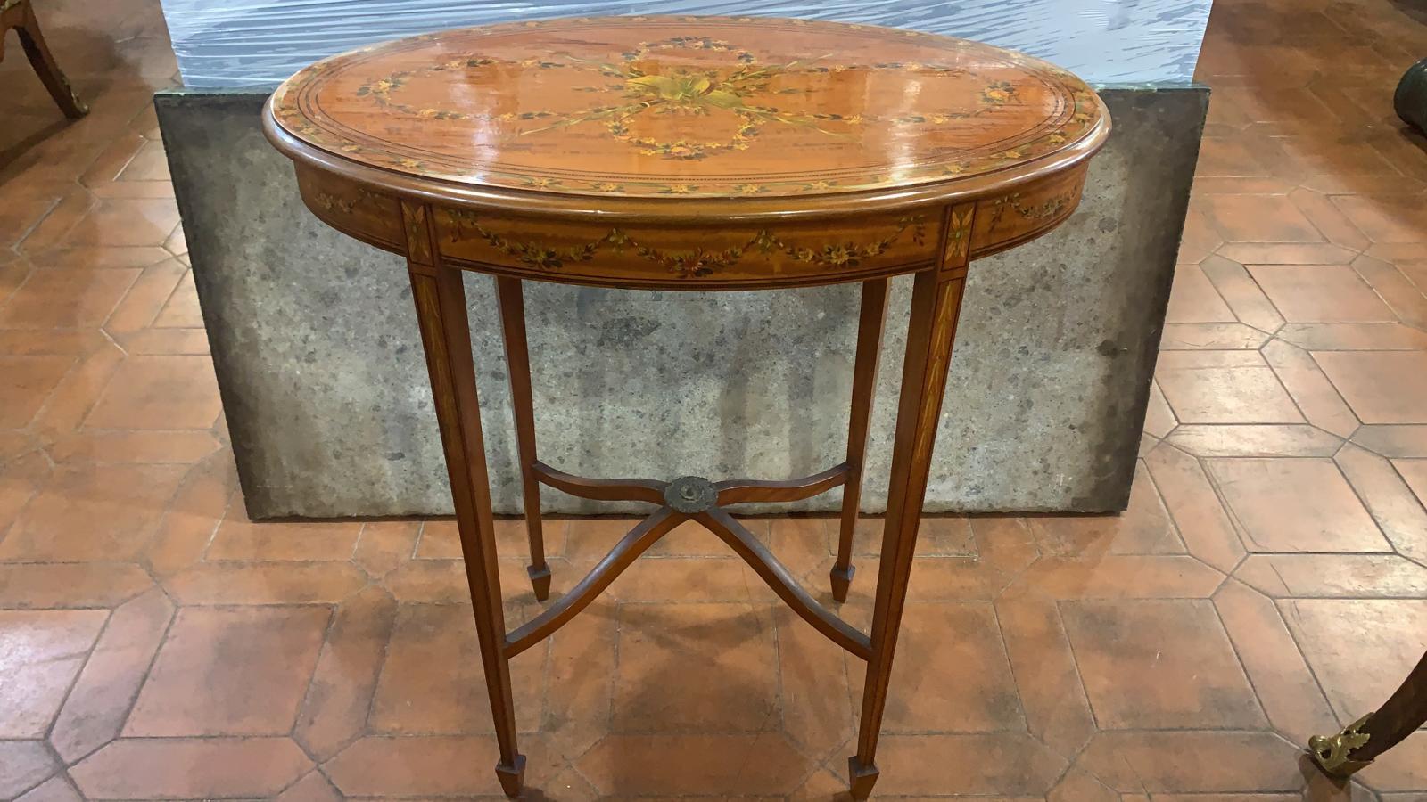 English 19th Century Victorian Satinwood Painted Tray Table End Table, 1870