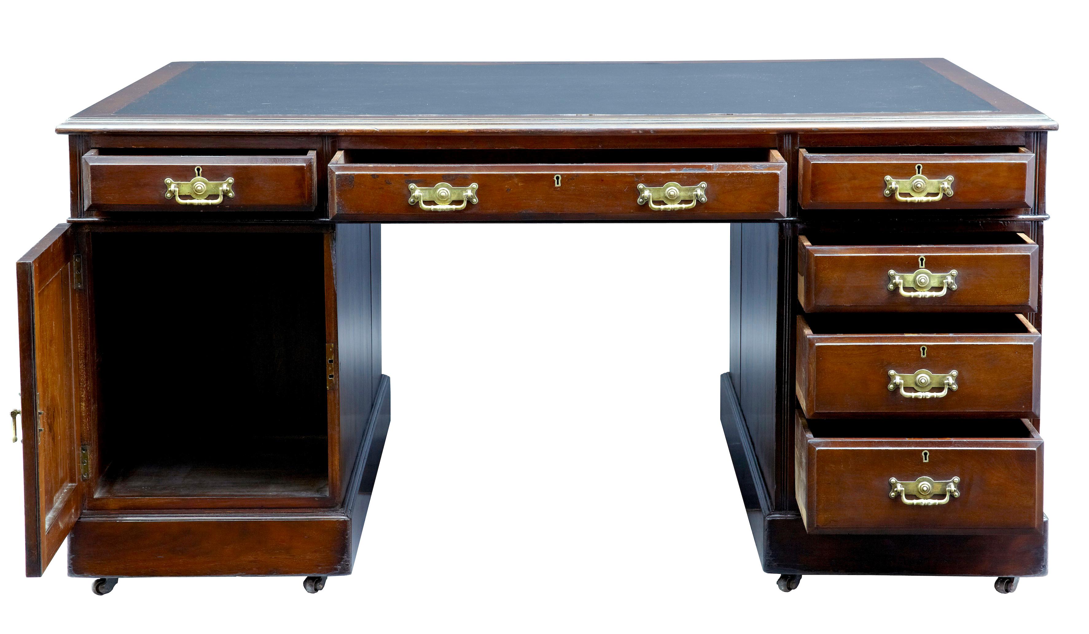 19th century mahogany partners desk.

3 part pedestal desk in original condition. Black leather writing surface with 3 drawers above the knee.
Single door to the left pedestal which opens to cupboard space. 3 graduating drawers to the right hand