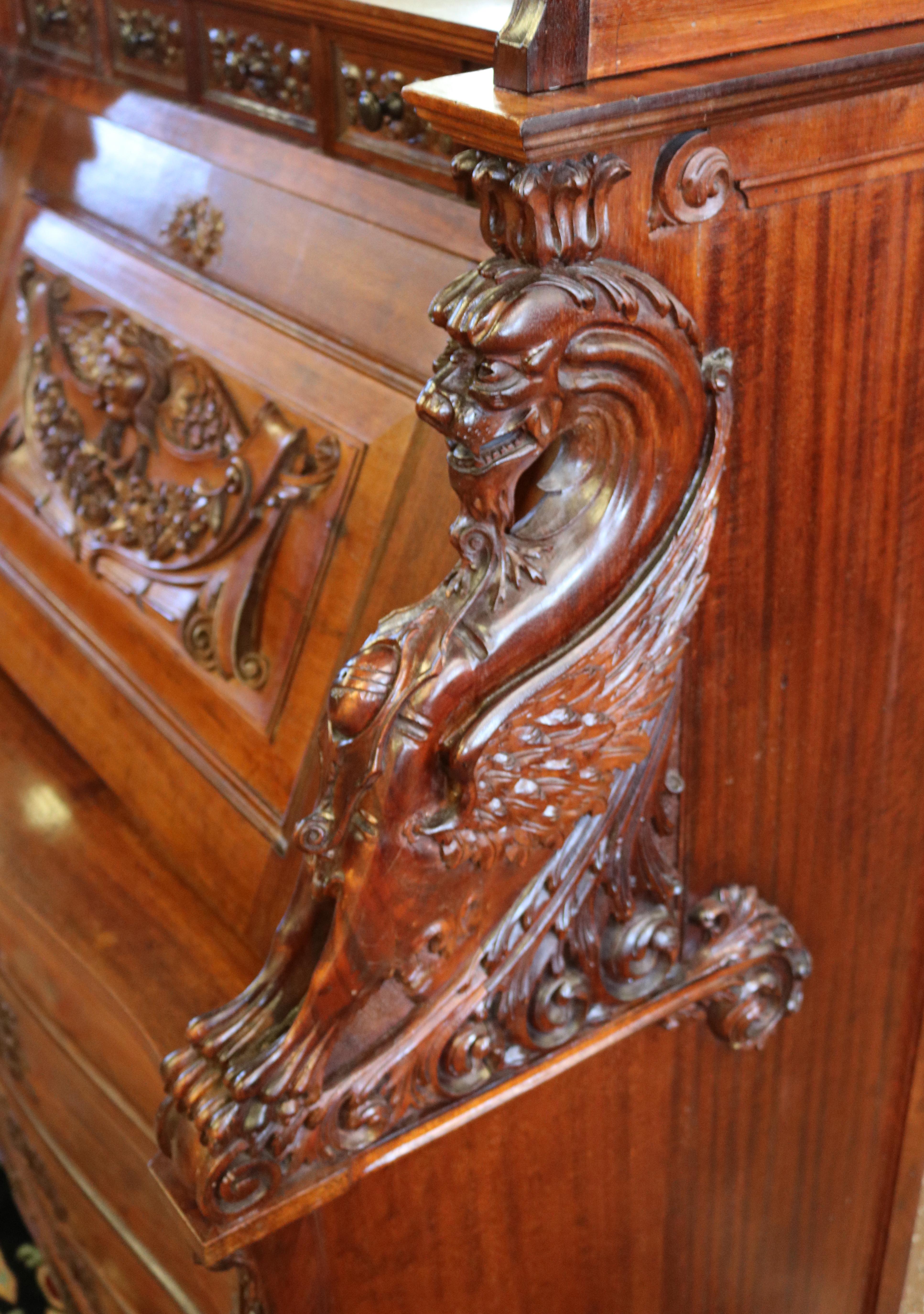 19th Century Victorian Mahogany Winged Griffin Slant Front Desk  For Sale 5