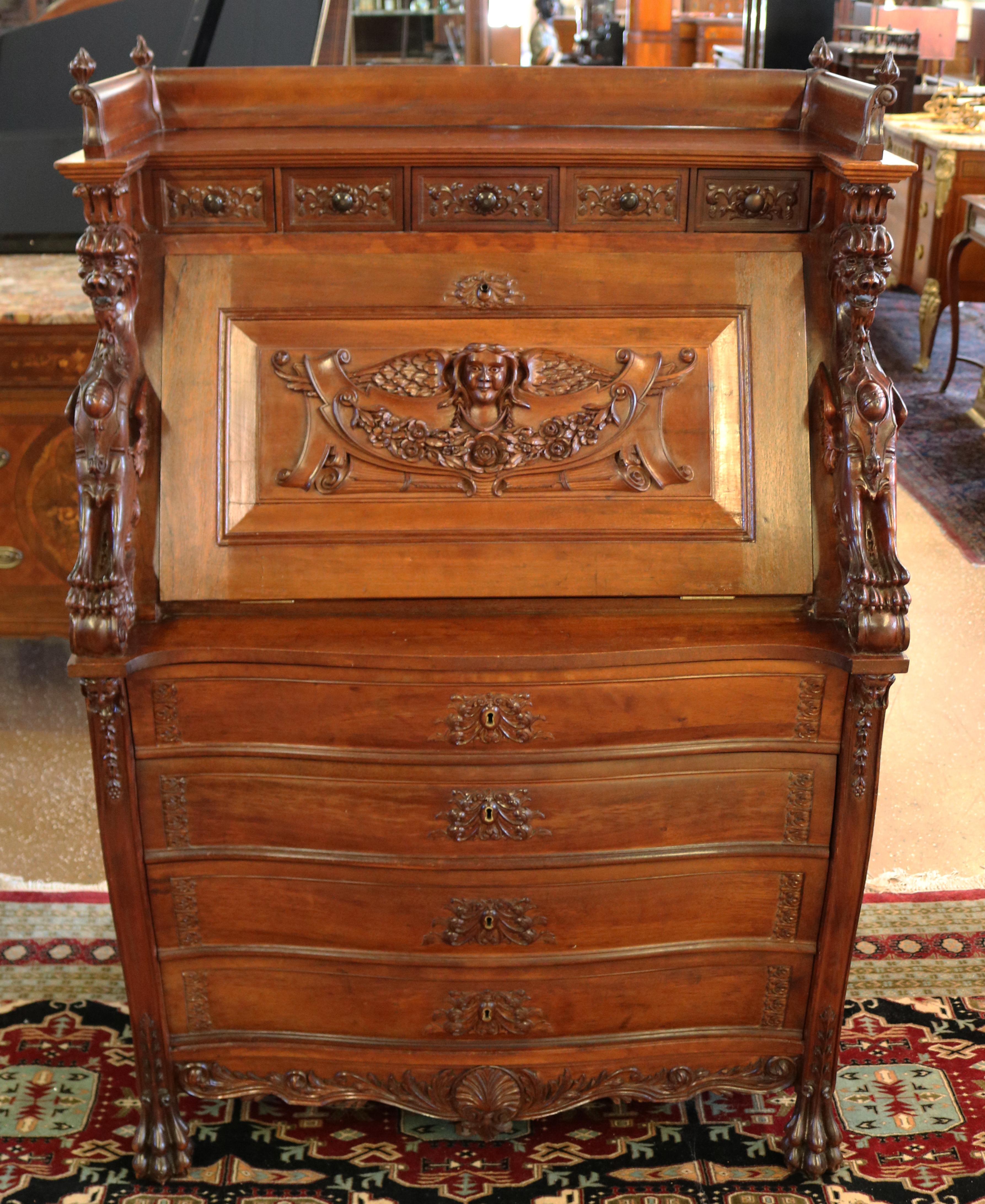 Renaissance Revival 19th Century Victorian Mahogany Winged Griffin Slant Front Desk  For Sale