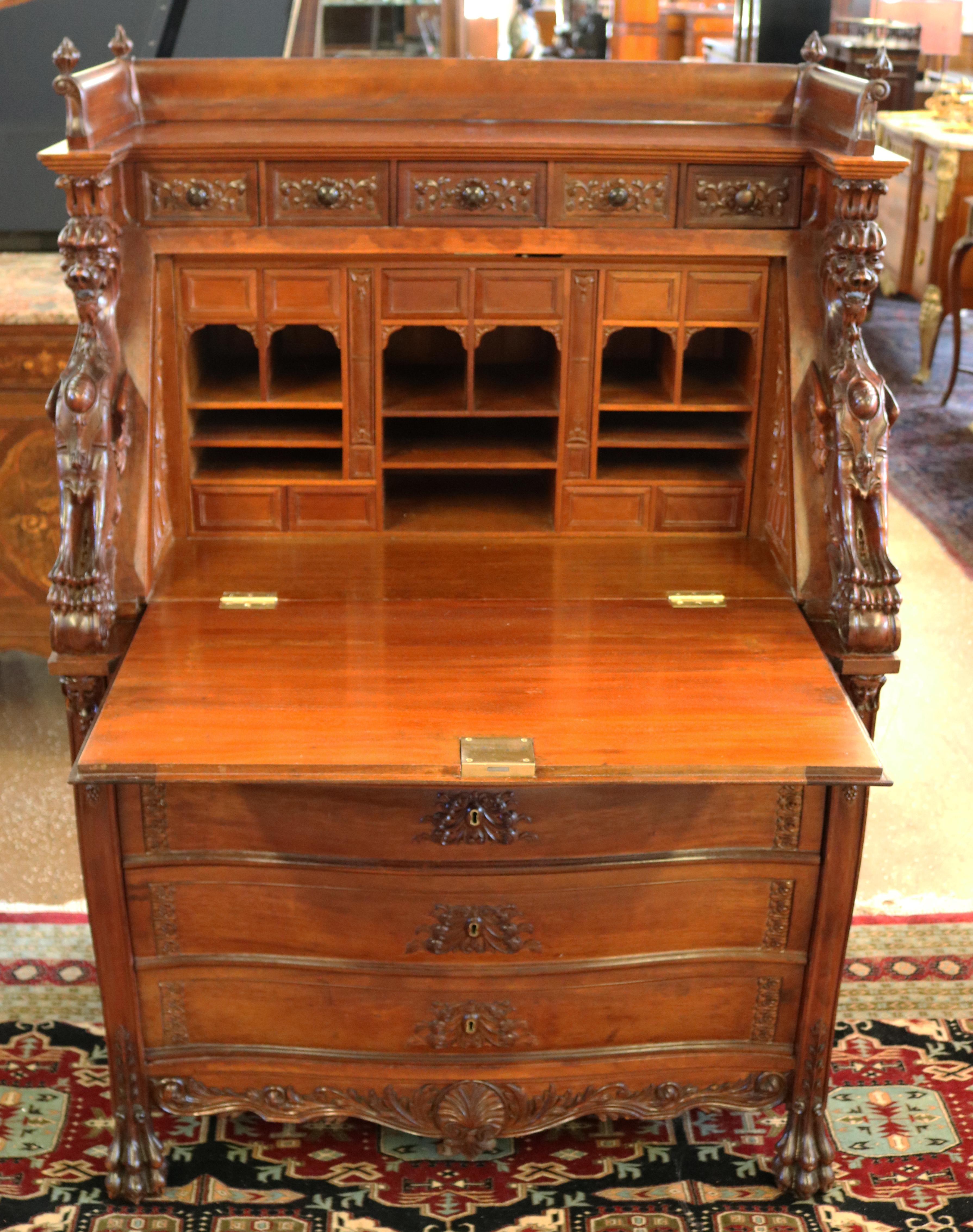 American 19th Century Victorian Mahogany Winged Griffin Slant Front Desk  For Sale