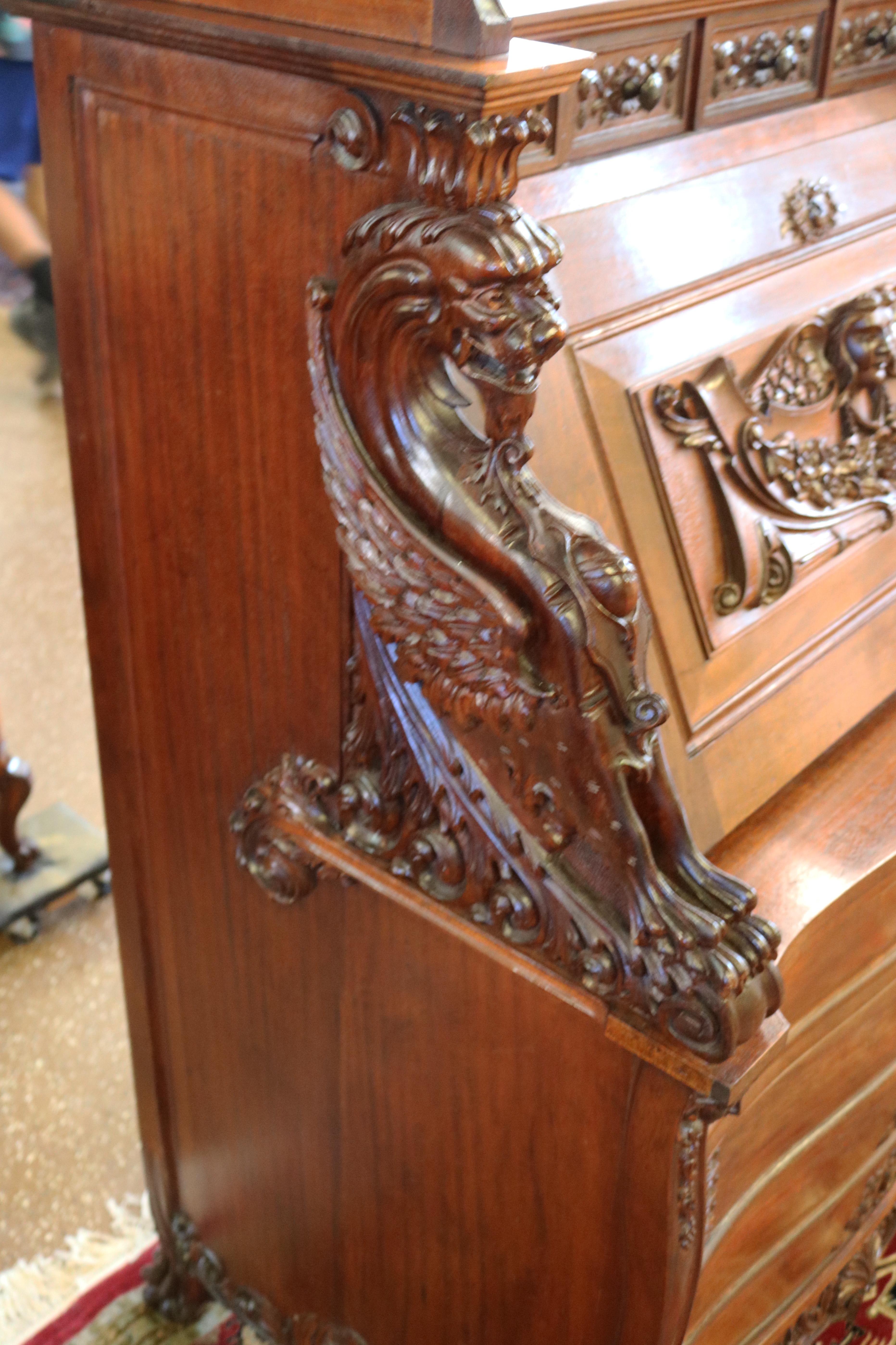 19th Century Victorian Mahogany Winged Griffin Slant Front Desk  For Sale 1