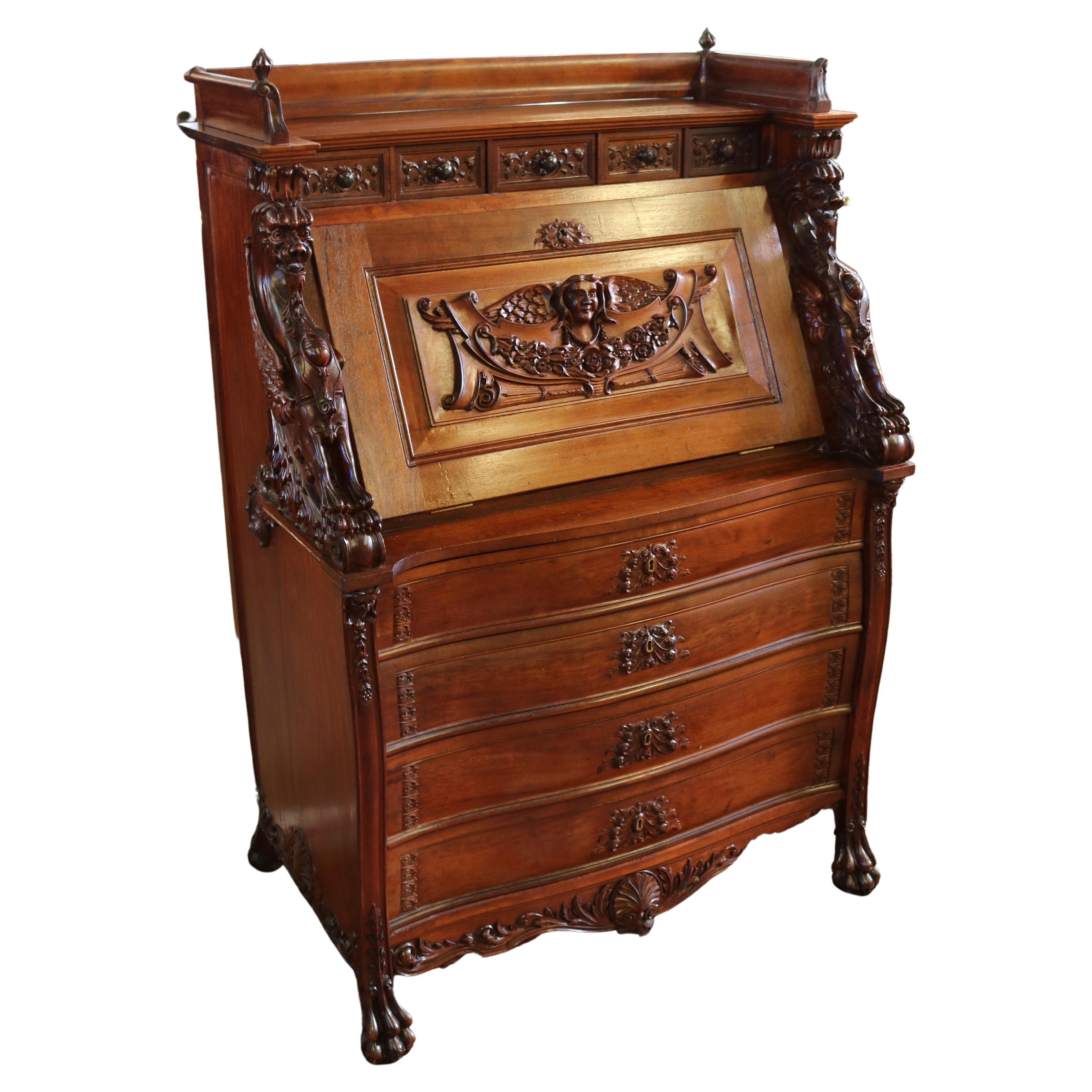 19th Century Victorian Mahogany Winged Griffin Slant Front Desk  For Sale
