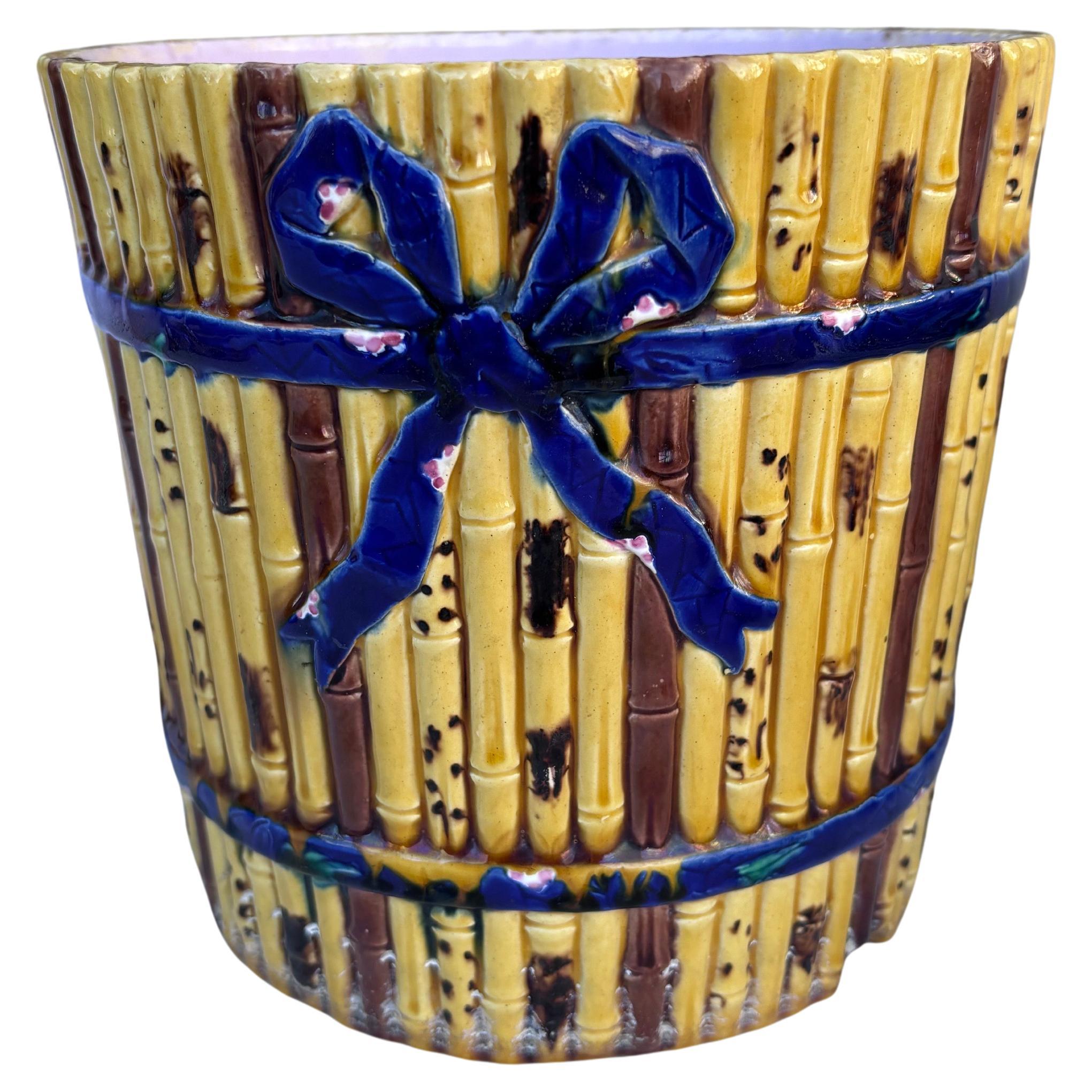 Inglese Cachepot di bambù in maiolica vittoriano del XIX secolo Minton in vendita