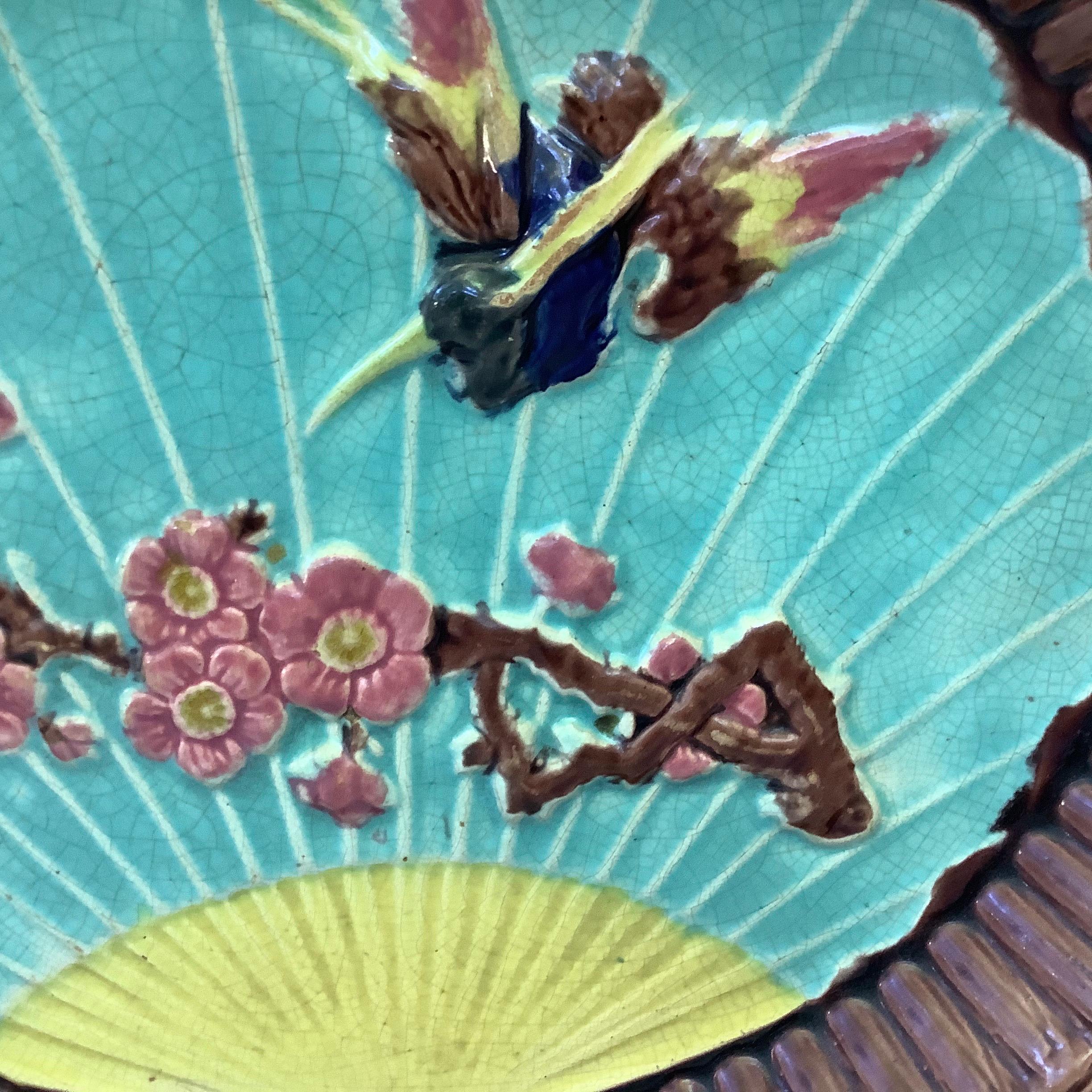 19th-Century Victorian Majolica bird and Prunus platter with a bamboo border.