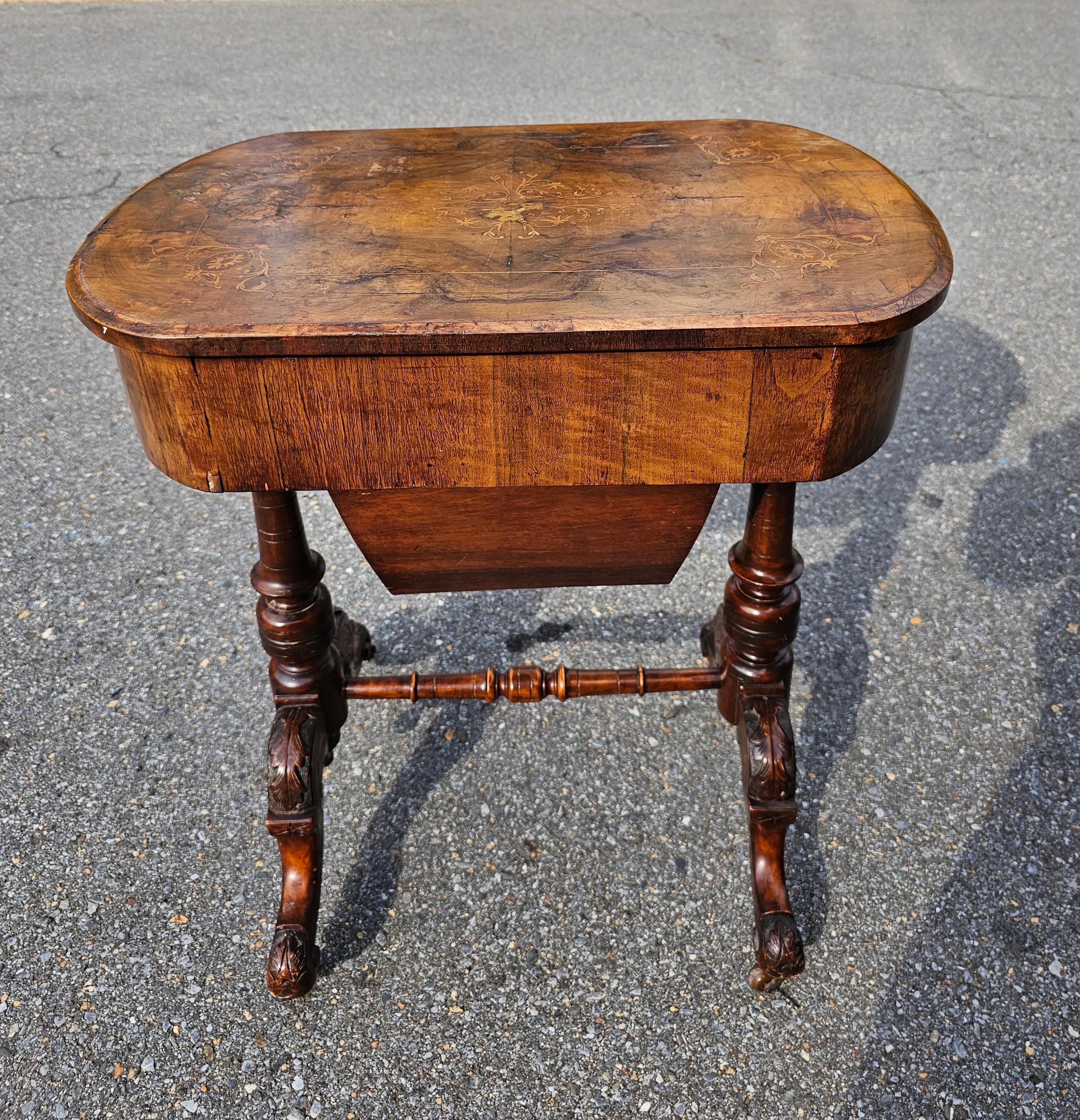 19th Century Victorian Marquetry Burl Walnut Sewing Table For Sale 4