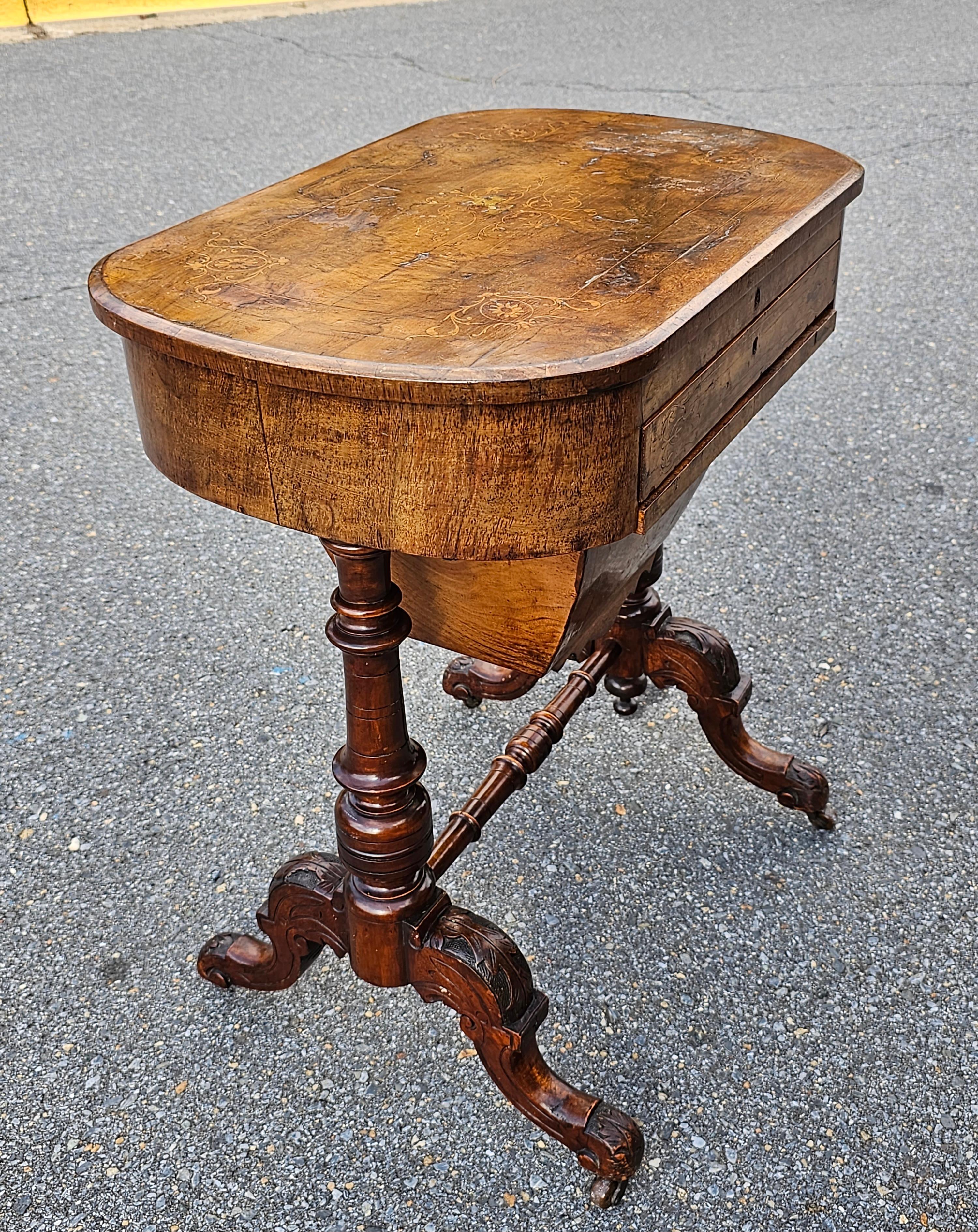 American 19th Century Victorian Marquetry Burl Walnut Sewing Table For Sale