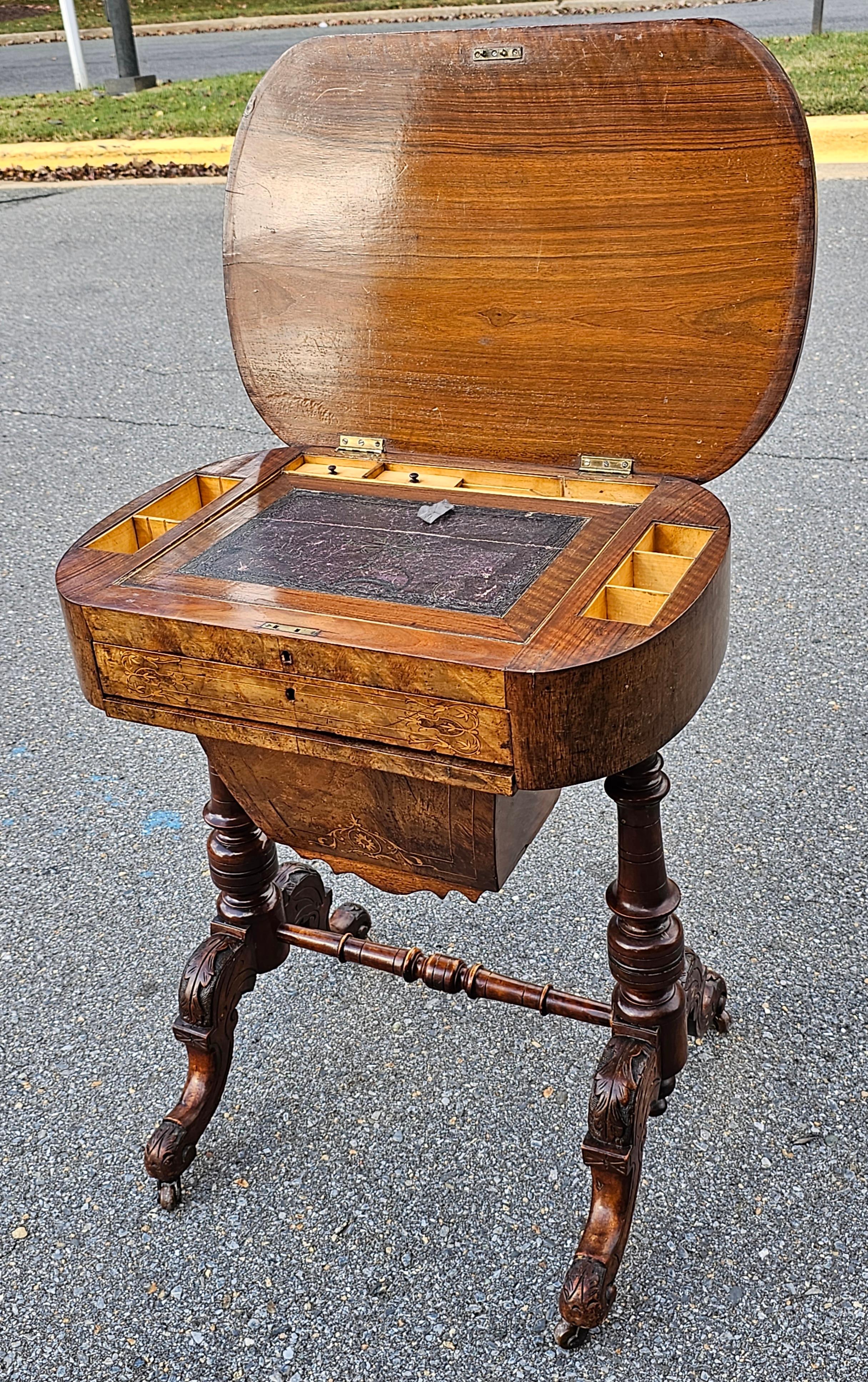 Carved 19th Century Victorian Marquetry Burl Walnut Sewing Table For Sale